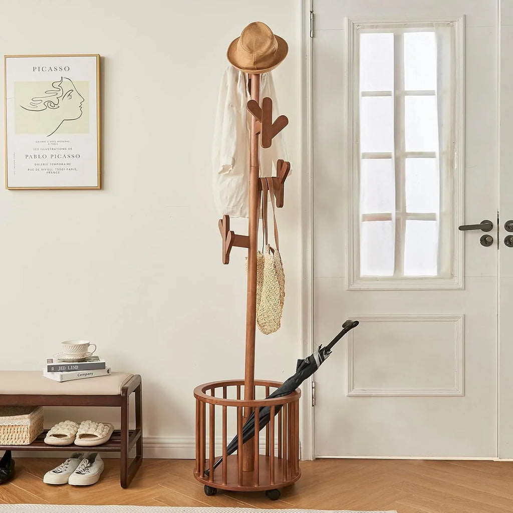 Wood Coat Rack Freestanding - Wooden Coat Tree Hat Rack with 12 Hooks, Clothes Coats Hanger Stand Rolling Racks with Umbrella Holder Wheels for Bedroom Entryway Hallway Livingroom (Walnut)