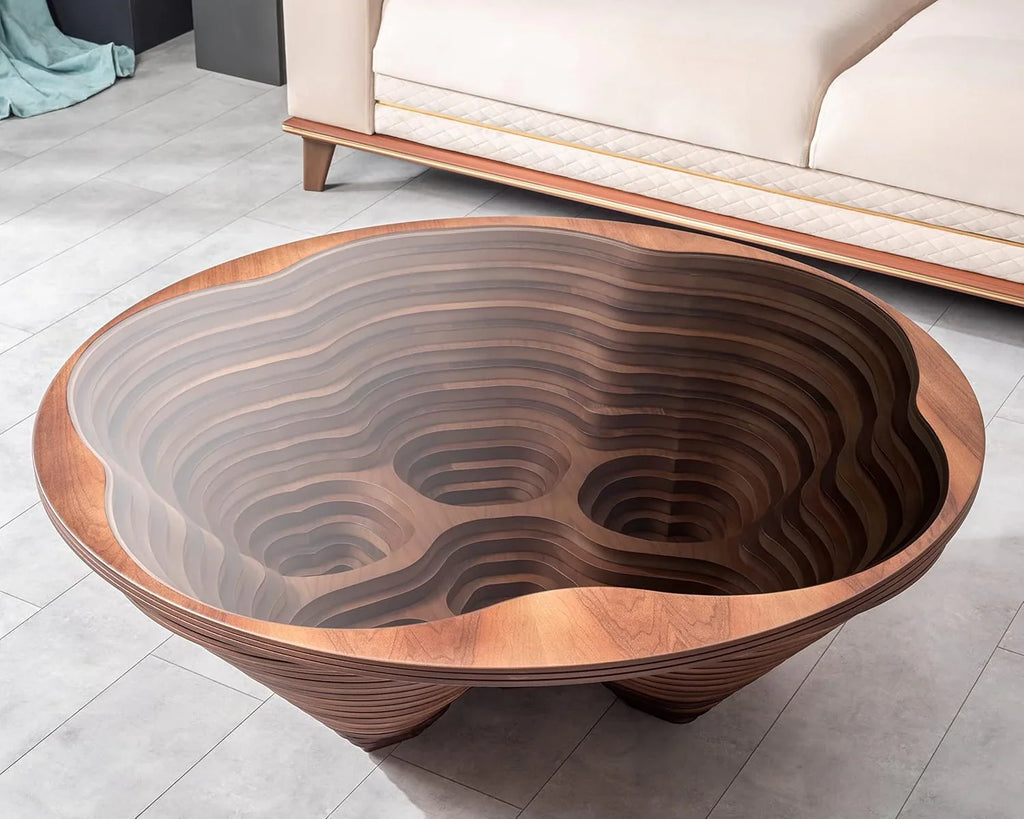 Design a modern coffee table - natural walnut veneer, tempered glass tabletop, layered wave shape, rustic wood, modern living room table, luxurious home and office decoration, central table in the living room.