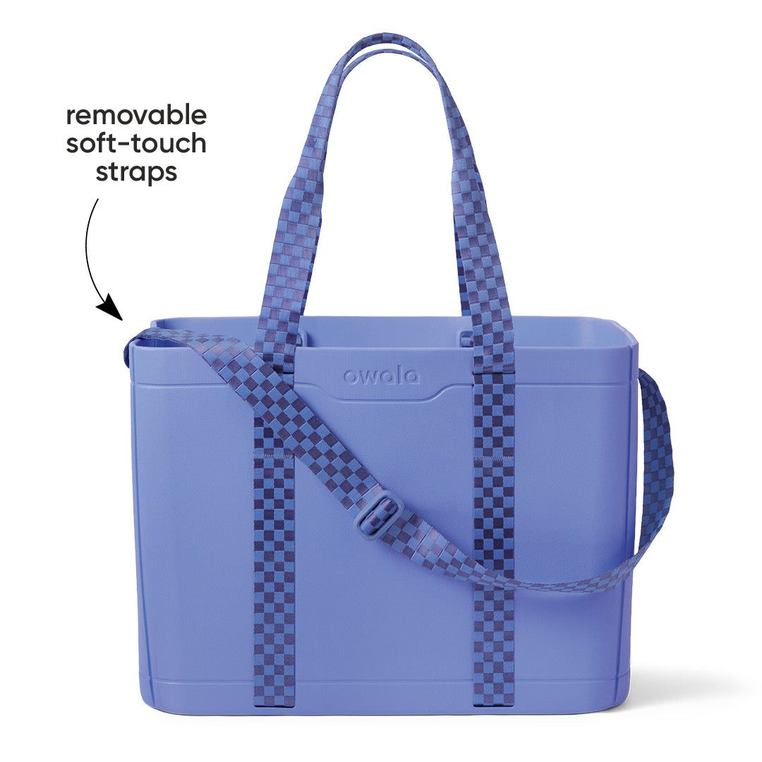 Owala Sun-Day Collapsible Tote in Wavelength, periwinkle blue body with blue and dark blue checker removable soft-touch straps including shoulder strap, with text overlay reading "removable soft-touch straps"