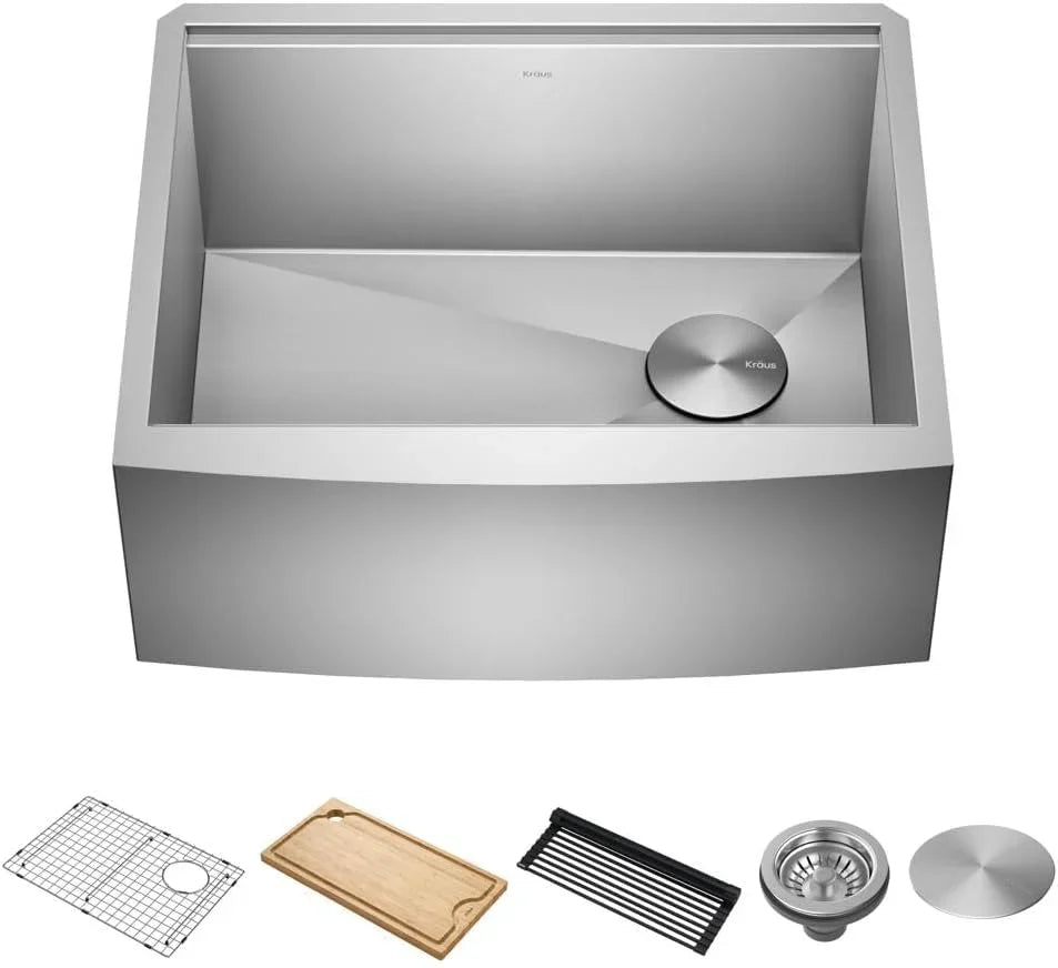 33-inch country-style workstation with built-in sink, dish drying rack, and stainless steel kitchen sink