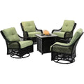 5-Piece Steel Patio Fire Pit Conversation Set with Navy Blue Cushions, Swivel Gliders and Square Fire Pit Table