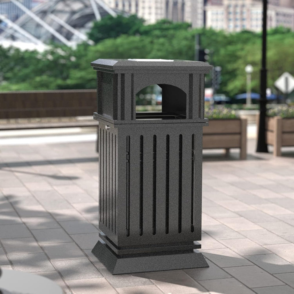 Outdoor trash bin top tray matte black stainless steel commercial waste storage box with lock cover. Heavy-duty industrial garden garage garbage container, dimensions: 35.5 * 15.8 * 15.8 inches.