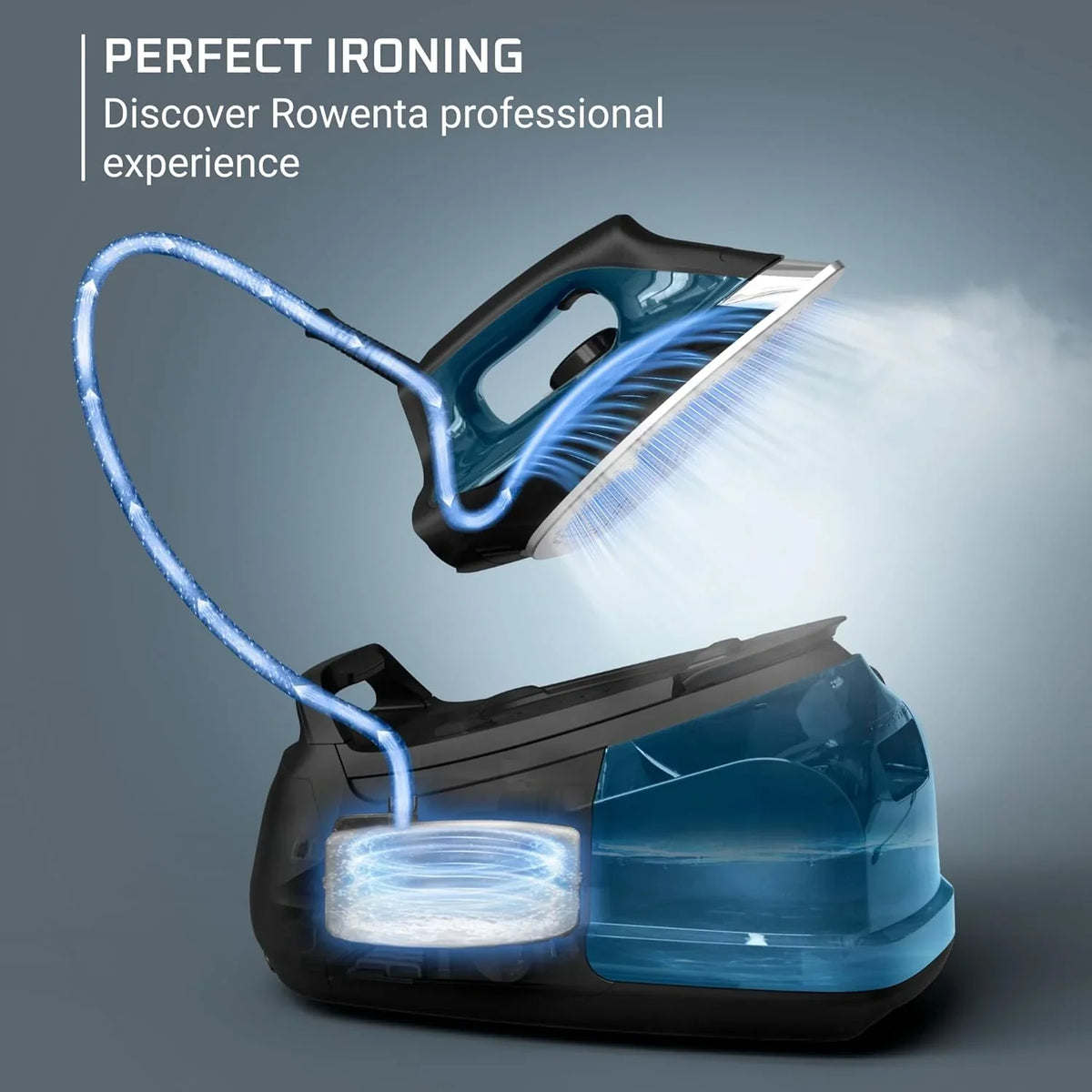 Professional steam laundry device with stainless steel base plate, 1.1-liter detachable water tank, quick heating, 1800-watt power, blue fabric steam iron