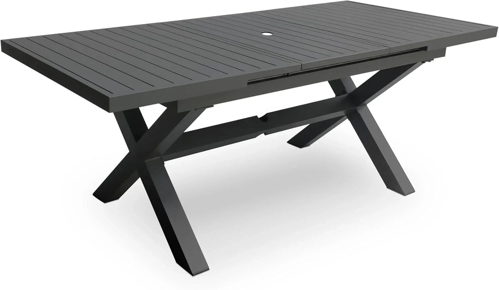 Extendable Patio Dining Table for 6-8, 63''-83'' Outdoor Aluminum Table w/Umbrella Hole, Rectangle Slatted Tabletop, Metal X-Trestle for Meals Garden Deck Backyard Gathering Party - Light Brown