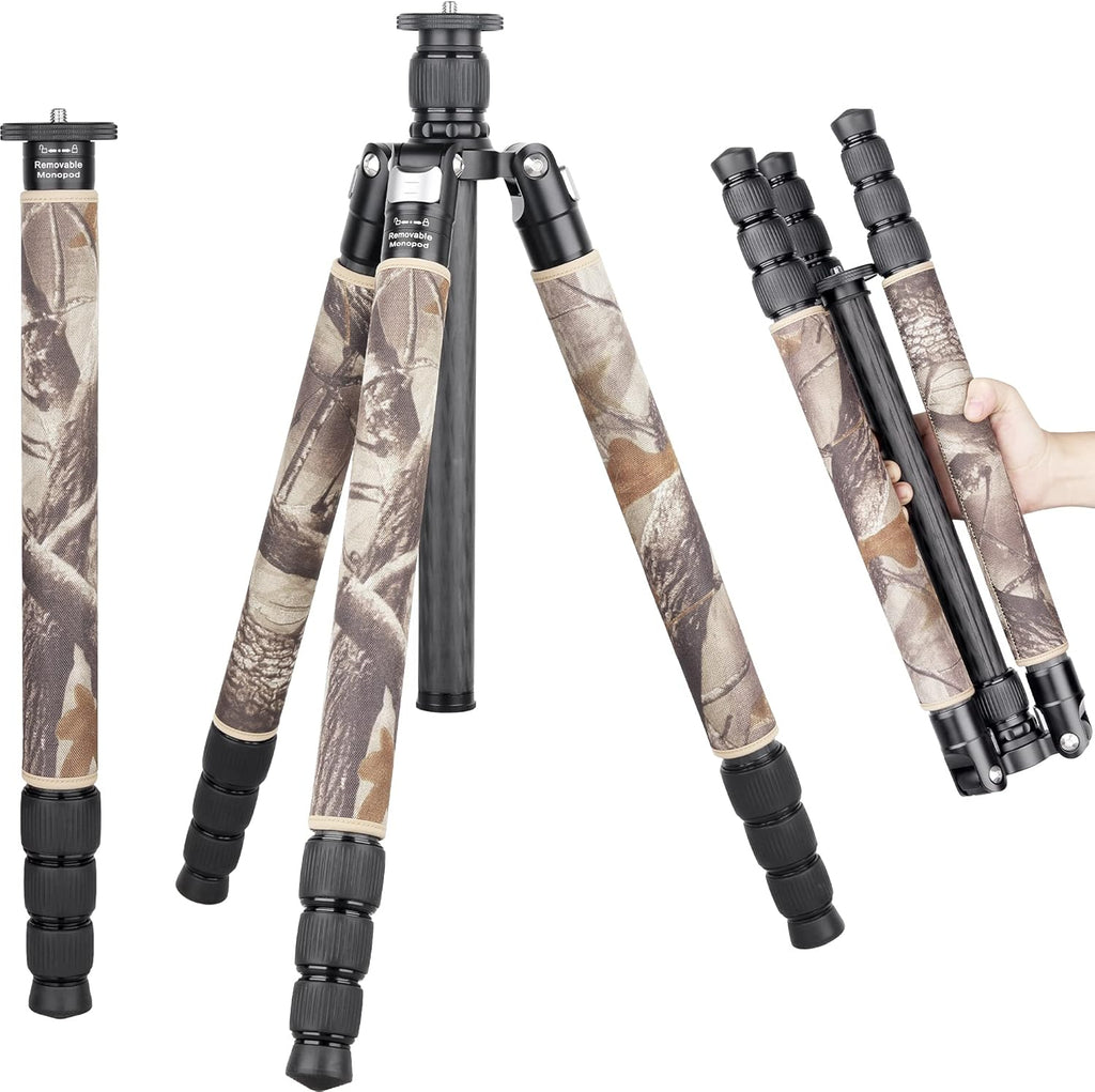 Super professional bracket, with low center of gravity, featuring low gravity effect, 360-degree rotating panoramic spherical connector, and green camouflage leg covers, suitable for digital single-lens reflex cameras.