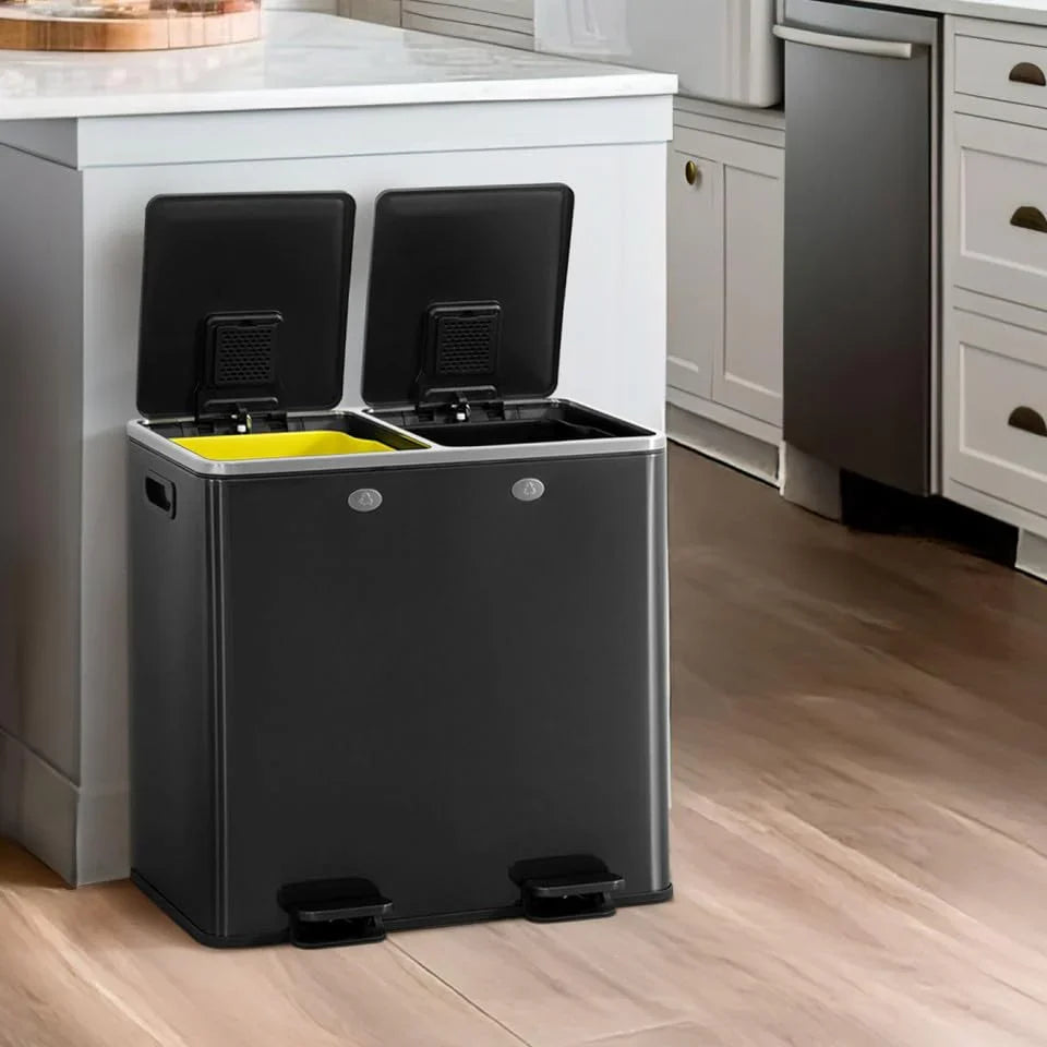 CAPHAUS Dual Trash Can with Double Lid, Trash and Recycle Bins Combo, Hands-free Stainless-Steel Garbage Can for Kitchen, with 2 Compartment, Hinged Lid, Odor Filters, Handles, 25L 25L, 2 x 6.6 Gallon