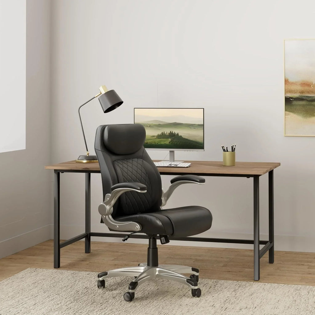Ergonomic elastic polyurethane leather office chair, high-back modern executive office chair, equipped with 5 adjustable lumbar support cushions, tilting function, and reversible armrests. It is a comfortable home office computer desk chair, in black