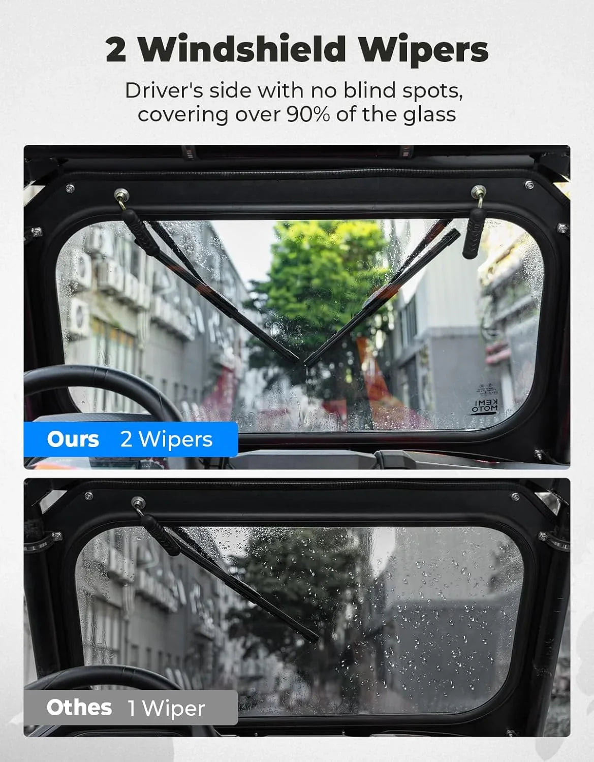 The glass windshield is equipped with 2 manual windshield wipers. It is scratch-resistant and wear-resistant. It is compatible with the 2019 - 2023 models of Arctic Cat RZR XP 1000 / RZR XP super sports vehicles. The front windshield has a ventilatio