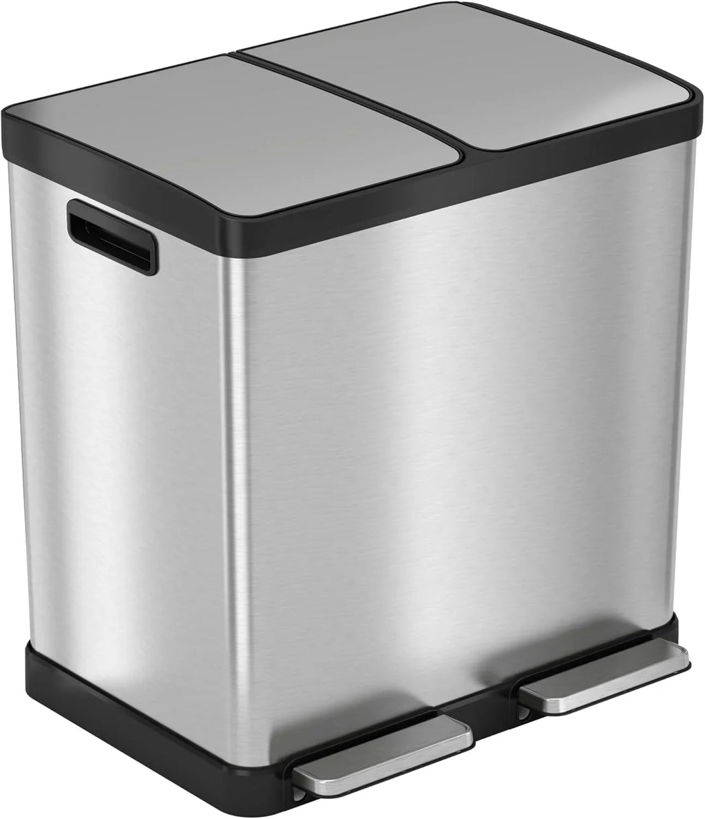 16-gallon contact-free trash and recycling bins, made of stainless steel, with a double compartment design (each compartment holds 8 gallons), suitable for recycling and waste disposal in the kitchen.