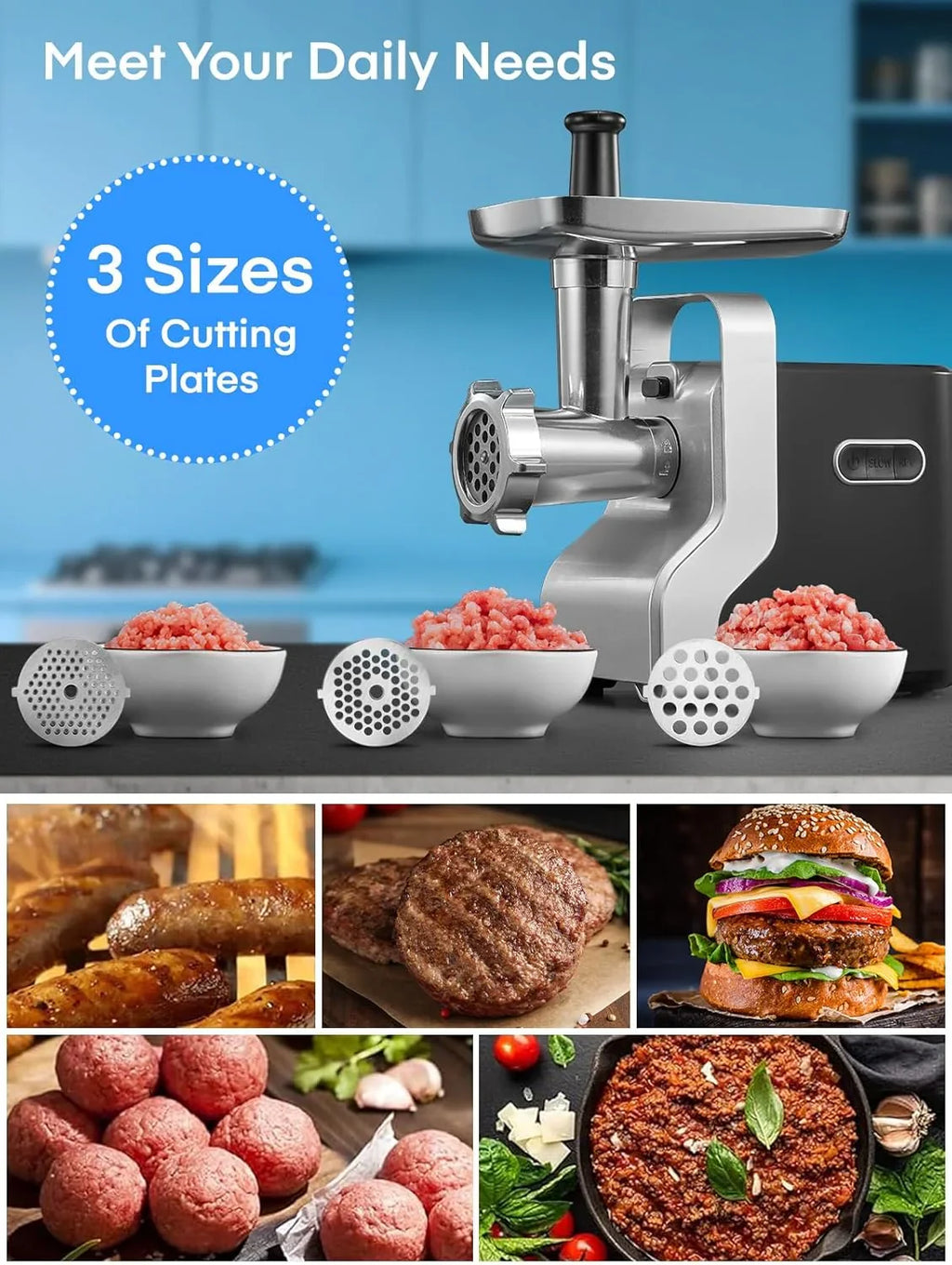 Meat Grinder Heavy Duty, 3000W Max Ultra Powerful, 5 in 1 HOUSNAT Multifunction Electric Meat Grinder, Sausage Stuffer, Slicer/Shredder/Grater, Kubbe & Tomato Juicing Kits, Home Kitchen Use