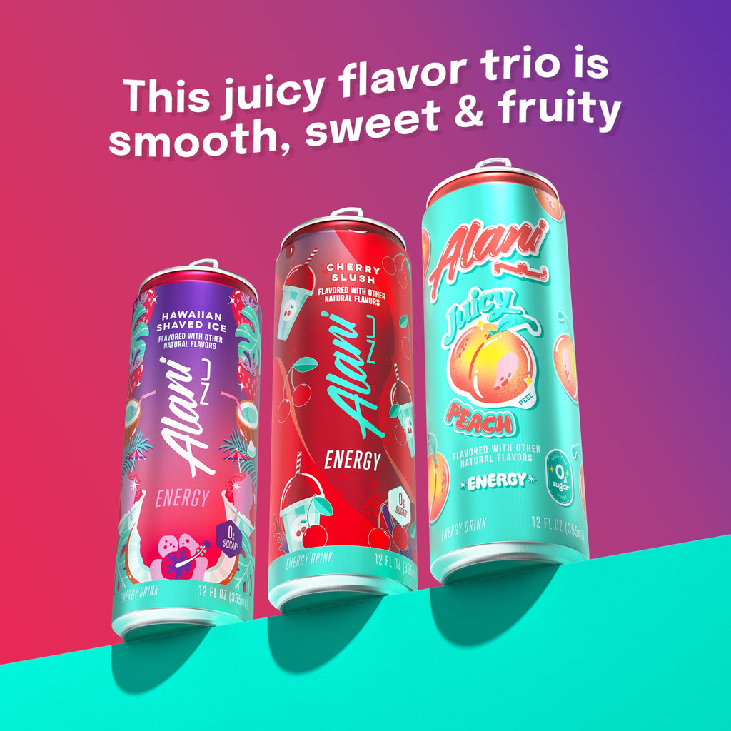 Sugar Free Energy Drink, Variety Pack, Cherry Slush, Juicy Peach, Hawaiian Shaved Ice, 12 fl oz, 12 Pack, Cans, 200mg Caffeine