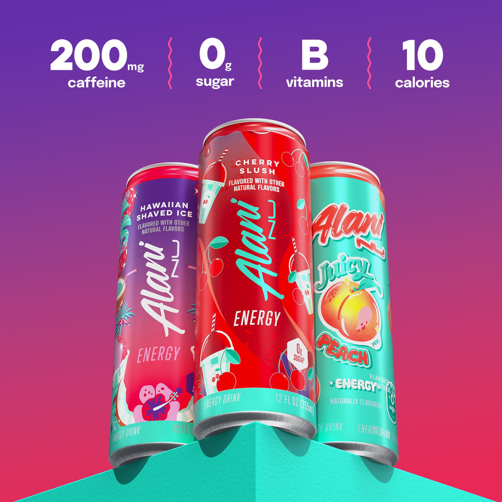 Sugar Free Energy Drink, Variety Pack, Cherry Slush, Juicy Peach, Hawaiian Shaved Ice, 12 fl oz, 12 Pack, Cans, 200mg Caffeine