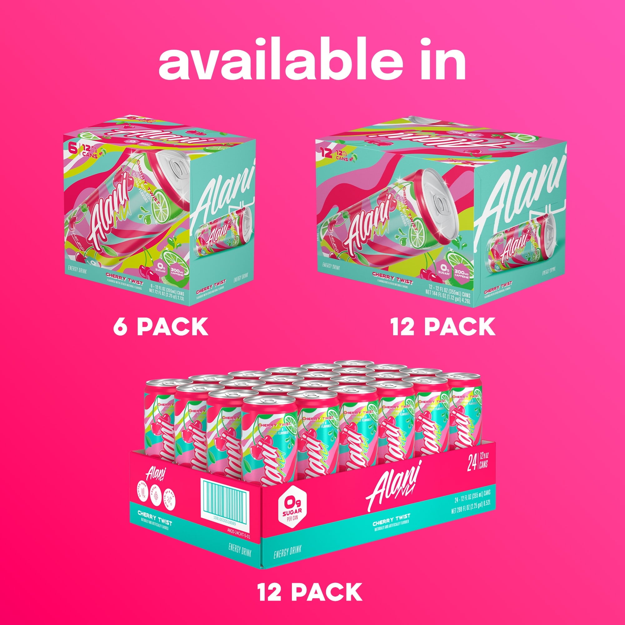 Sugar Free Energy Drink, Cherry Twist, 12 fl oz, 12 Pack, Cans, 200mg Caffeine