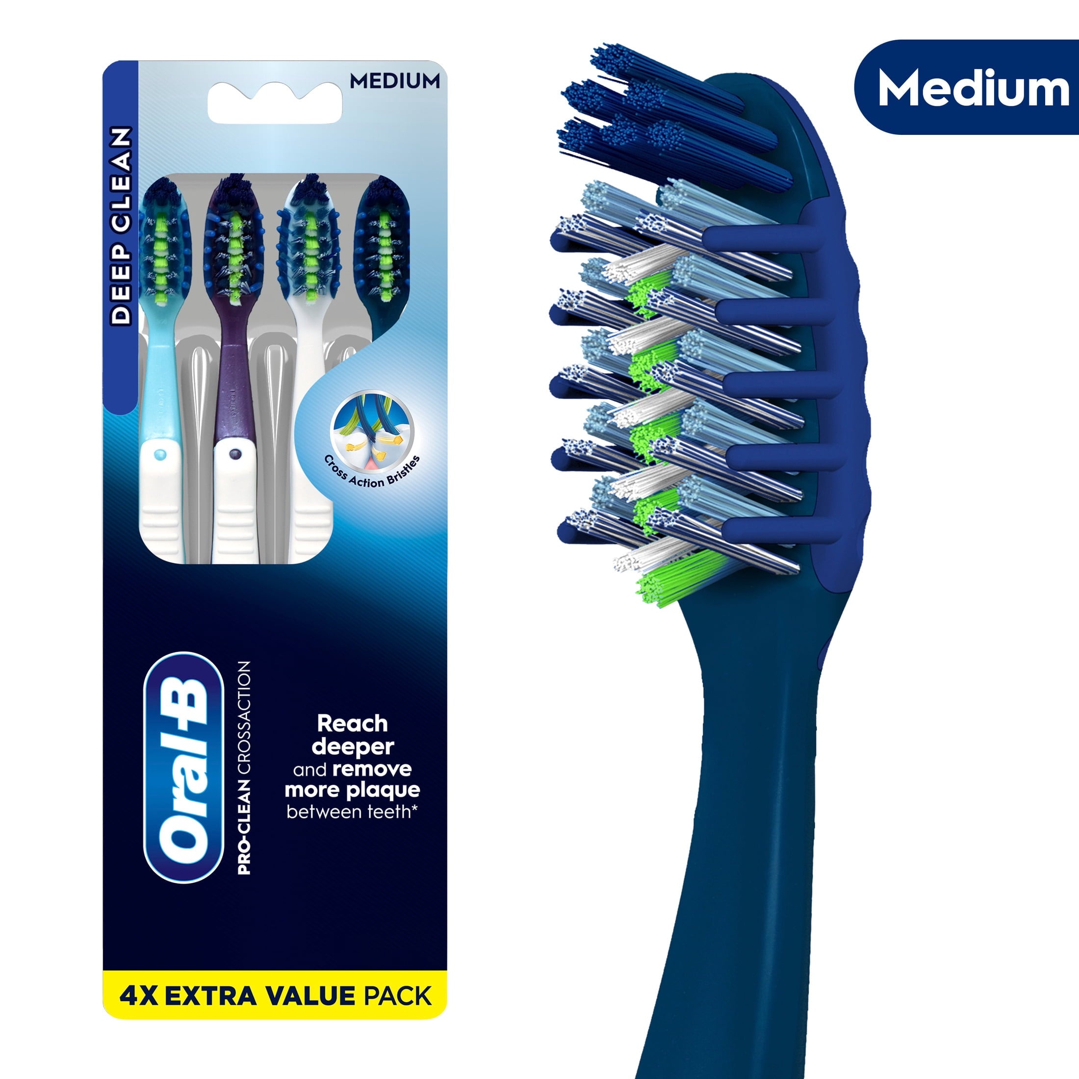 Toothbrush, Pro Clean Cross Action, Deep Plaque Removal, Medium, 4 Count