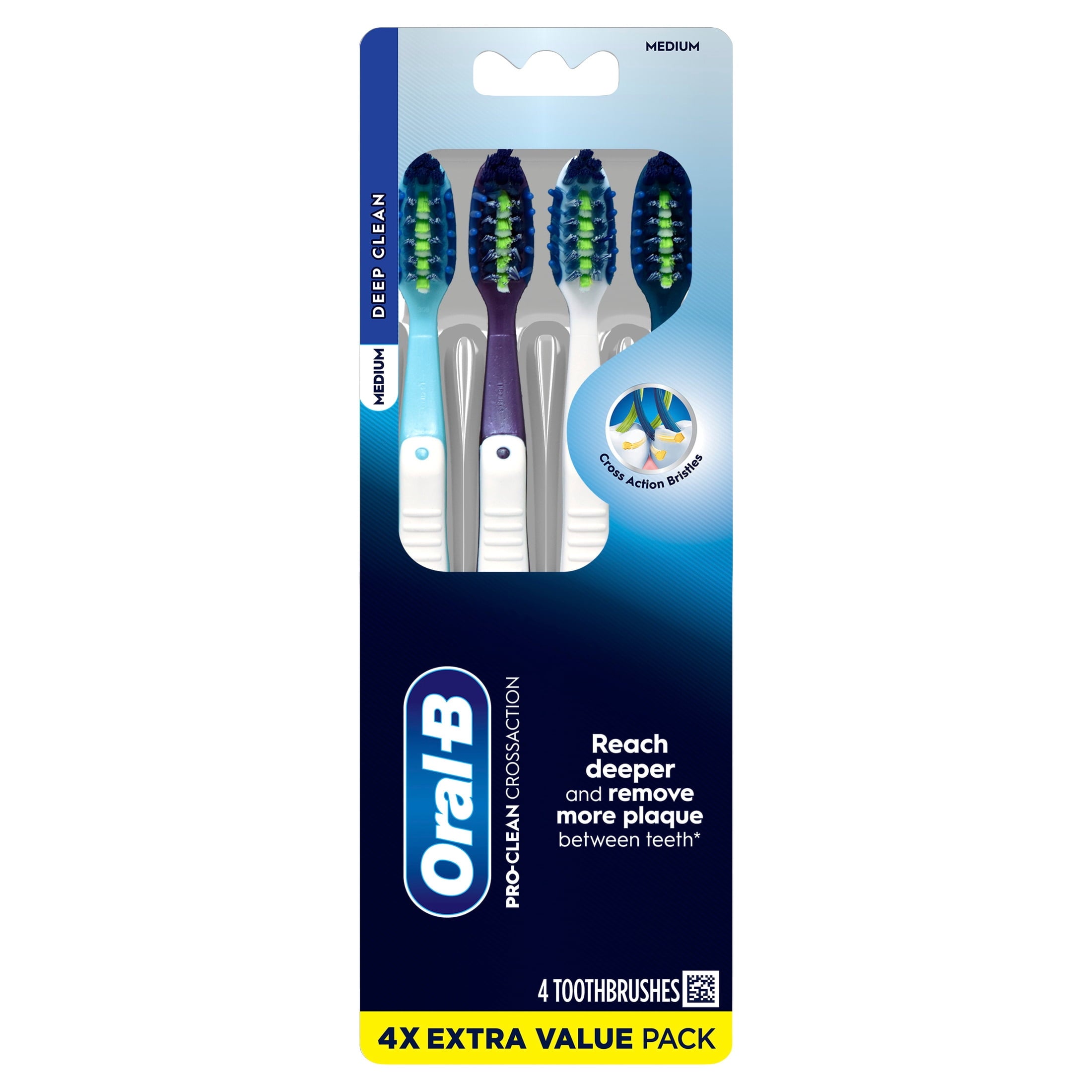 Toothbrush, Pro Clean Cross Action, Deep Plaque Removal, Medium, 4 Count