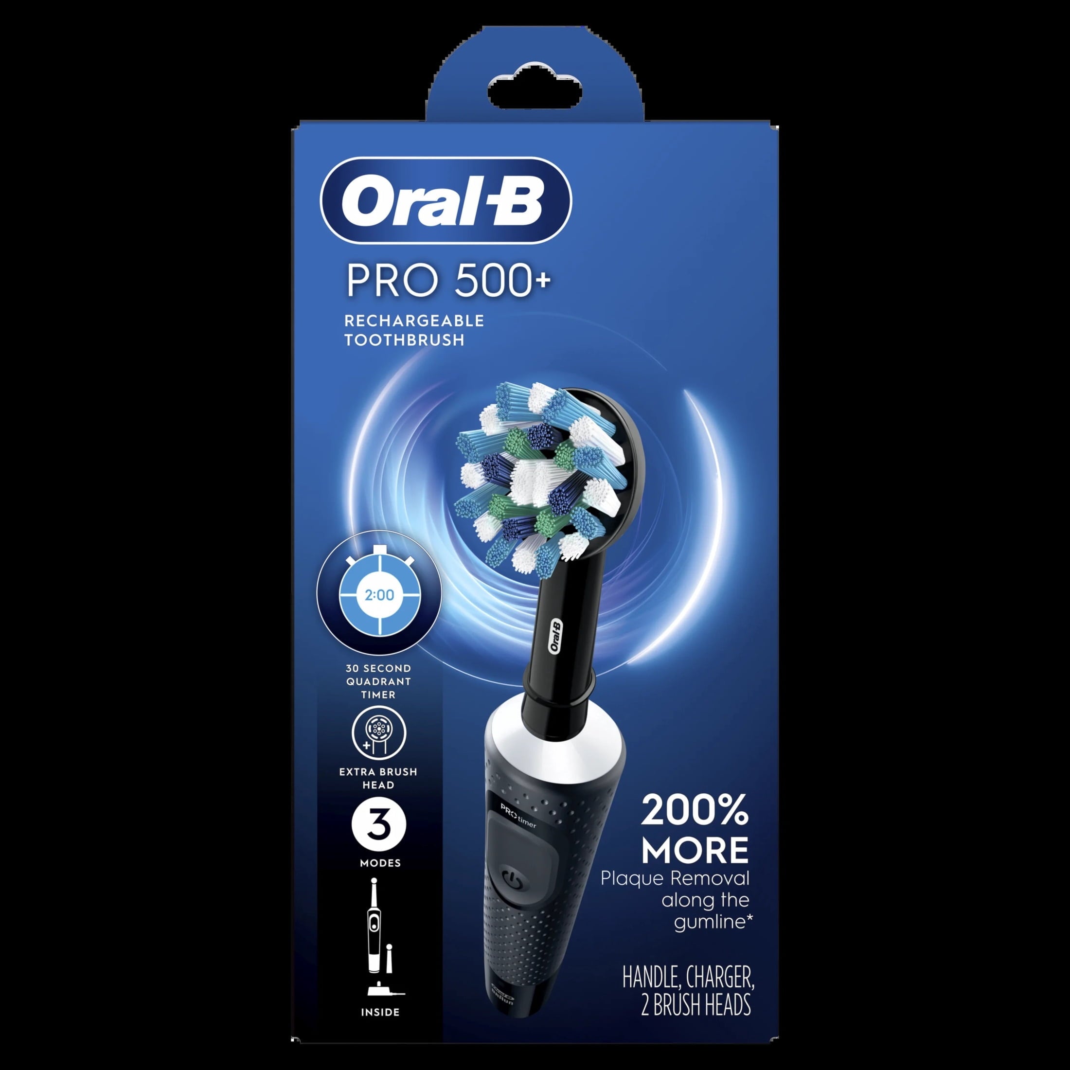 Toothbrush, Pro 500 + Electric Toothbrush with (2) Brush Heads, Rechargeable, Black