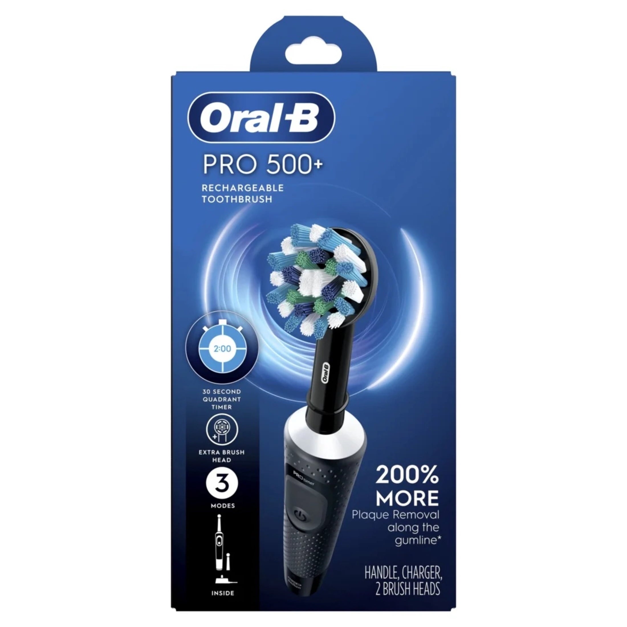 Toothbrush, Pro 500 + Electric Toothbrush with (2) Brush Heads, Rechargeable, Black