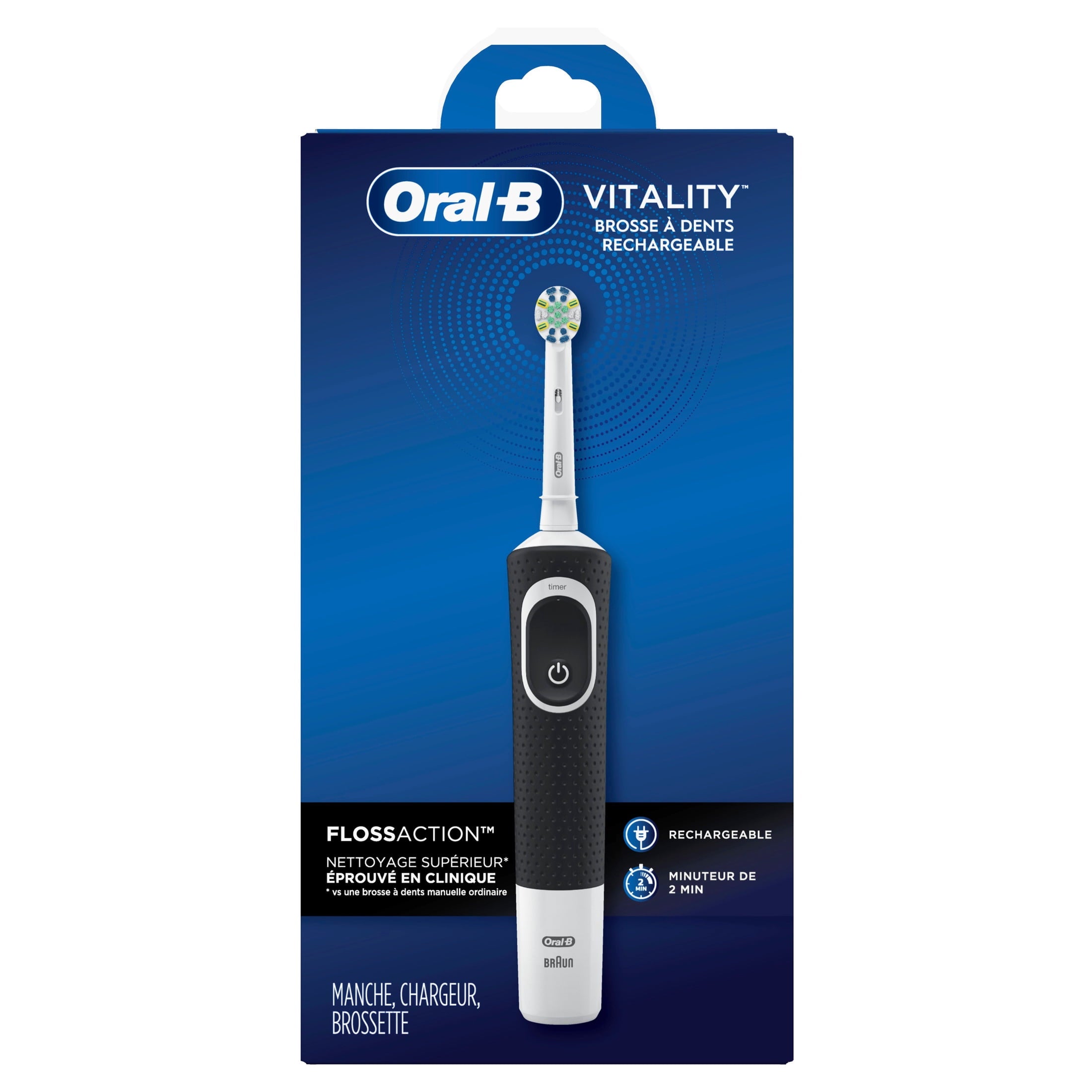 ‑B Floss, Vitality Floss Action Rechargeable Electric Toothbrush, Black, 1 Count, for Adults &amp; Kids 3+