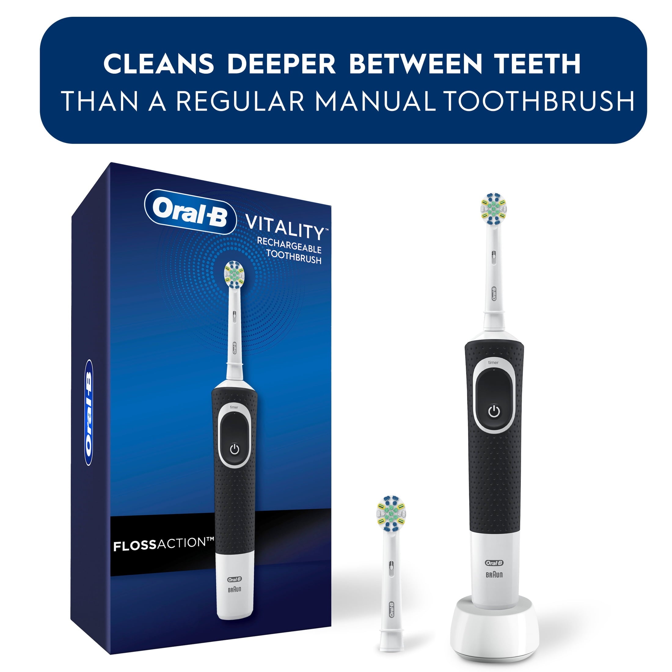 ‑B Floss, Vitality Floss Action Rechargeable Electric Toothbrush, Black, 1 Count, for Adults &amp; Kids 3+