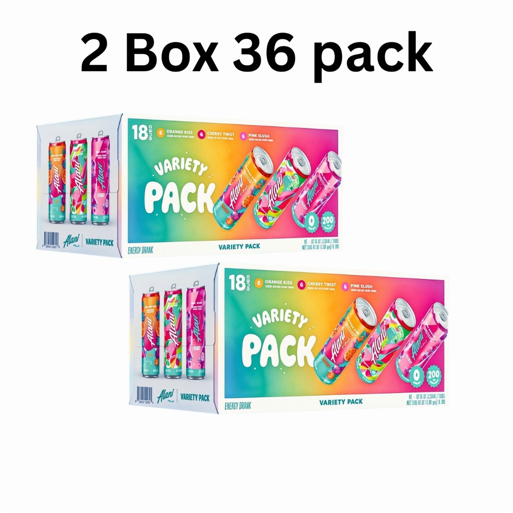 Sugar Free Energy Drink Variety Pack, Orange Kiss, Pink Slush &amp; Cherry Twist, 12 fl oz Cans, 18-Pack (2 Boxes), 200mg Caffeine