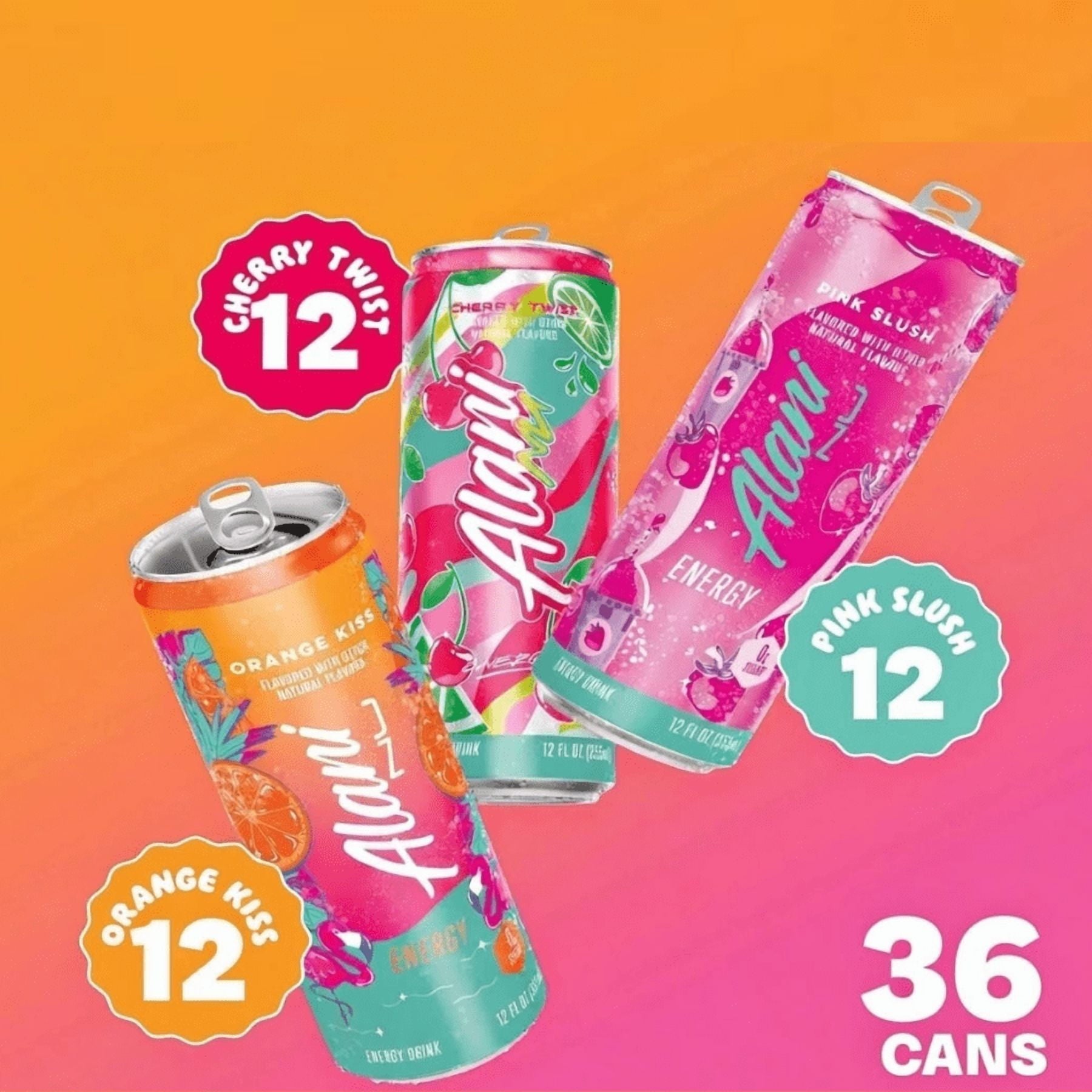 Sugar Free Energy Drink Variety Pack, Orange Kiss, Pink Slush &amp; Cherry Twist, 12 fl oz Cans, 18-Pack (2 Boxes), 200mg Caffeine