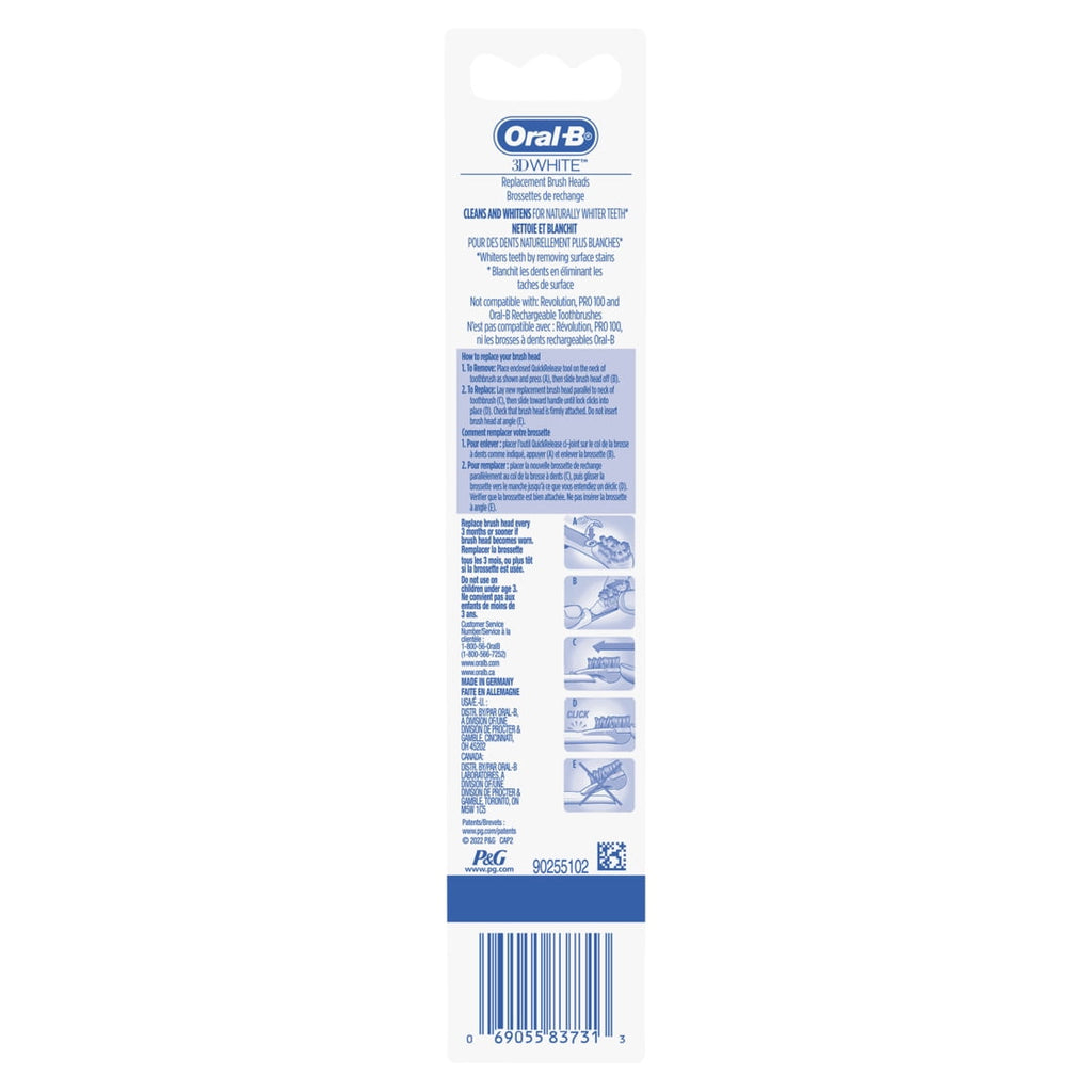 3D White Battery Power Toothbrush Replacement Heads, 2 Count