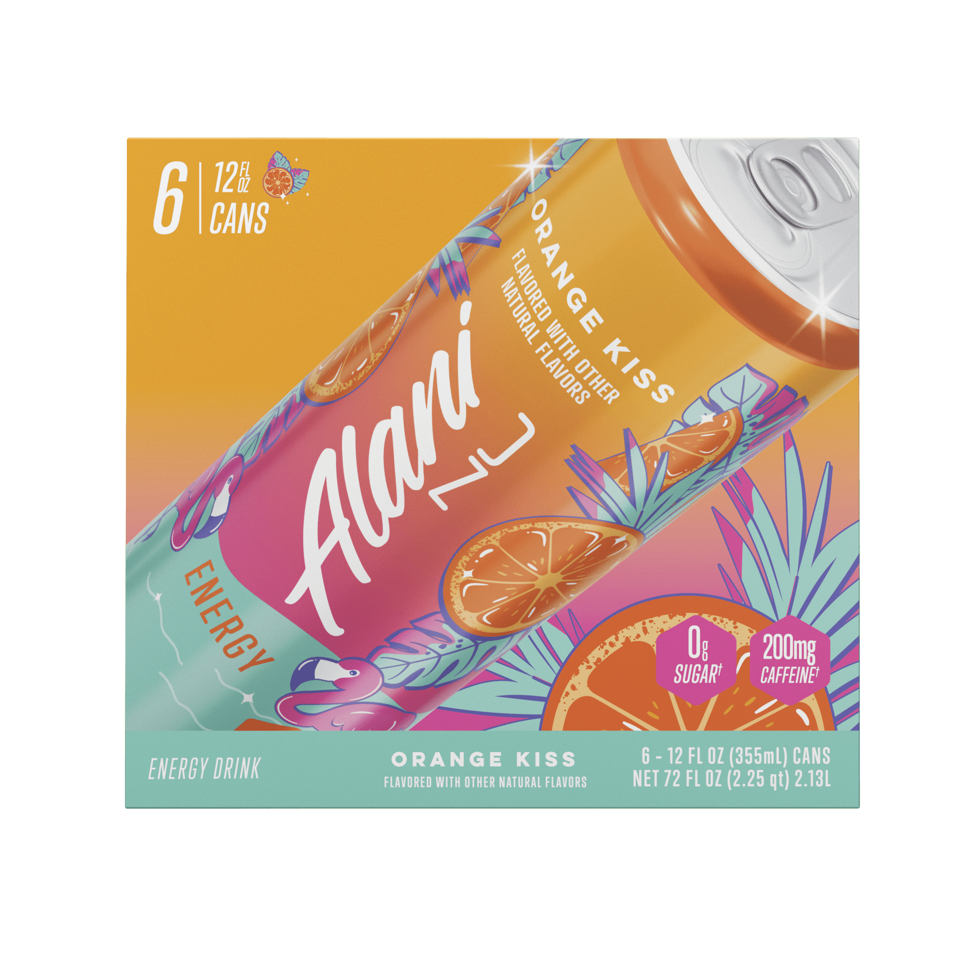 Sugar Free Energy Drink, Orange Kiss, 12 fl oz, 6 Pack, Cans, 200mg Caffeine