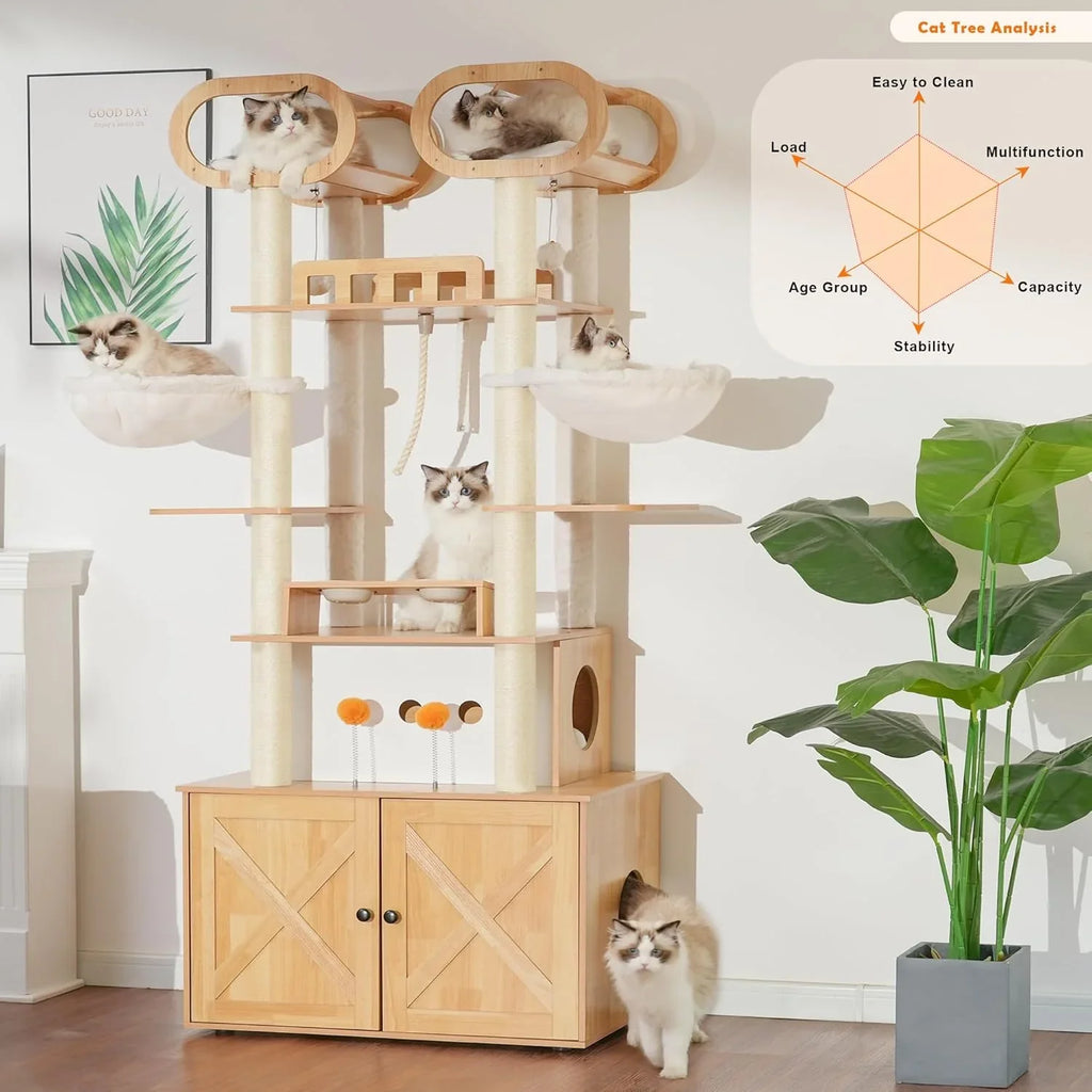 The Habori cat climbing frame with cat litter box storage box, a 76.8-inch wooden Menicos cat tower, equipped with a feeding station and a large platform, modern-style large cat apartment furniture, with a climbing column made of full Nisaal material