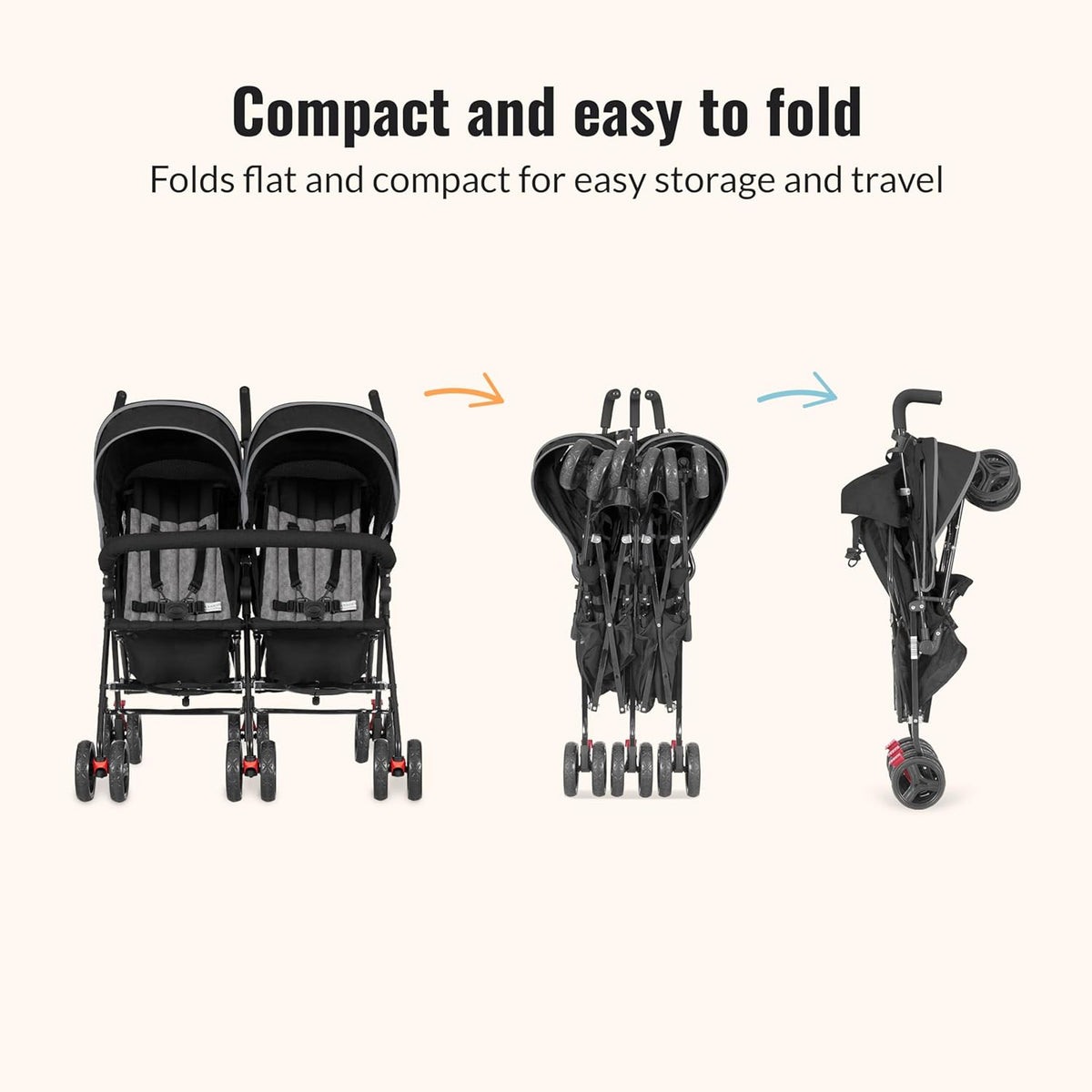 Twin Umbrella Stroller in Black, Lightweight Double Stroller for Infant & Toddler, Compact Easy Fold, Large Storage Basket, Large and Adjustable Canopy