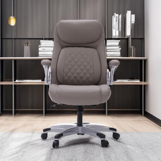 Ergonomic elastic polyurethane leather office chair, high-back modern executive office chair, equipped with 5 adjustable lumbar support cushions, tilting function, and reversible armrests. It is a comfortable home office computer desk chair, in black