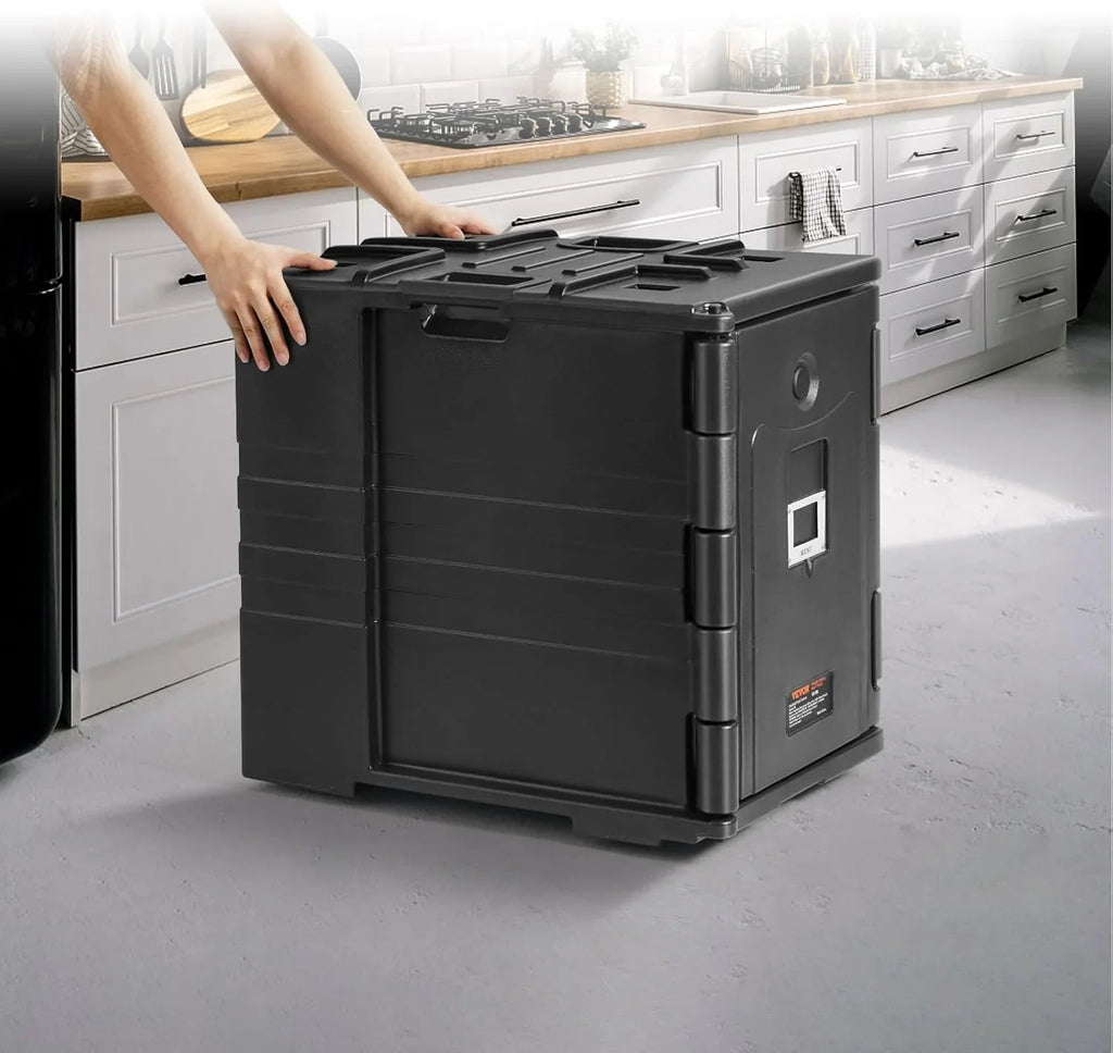 Food tray transportation box, 95-gallon insulated box for the catering industry, LLDPE food tray box with double clasps, front-mounted food heater with handle, suitable for stacking end loaders in restaurants, canteens, etc. black