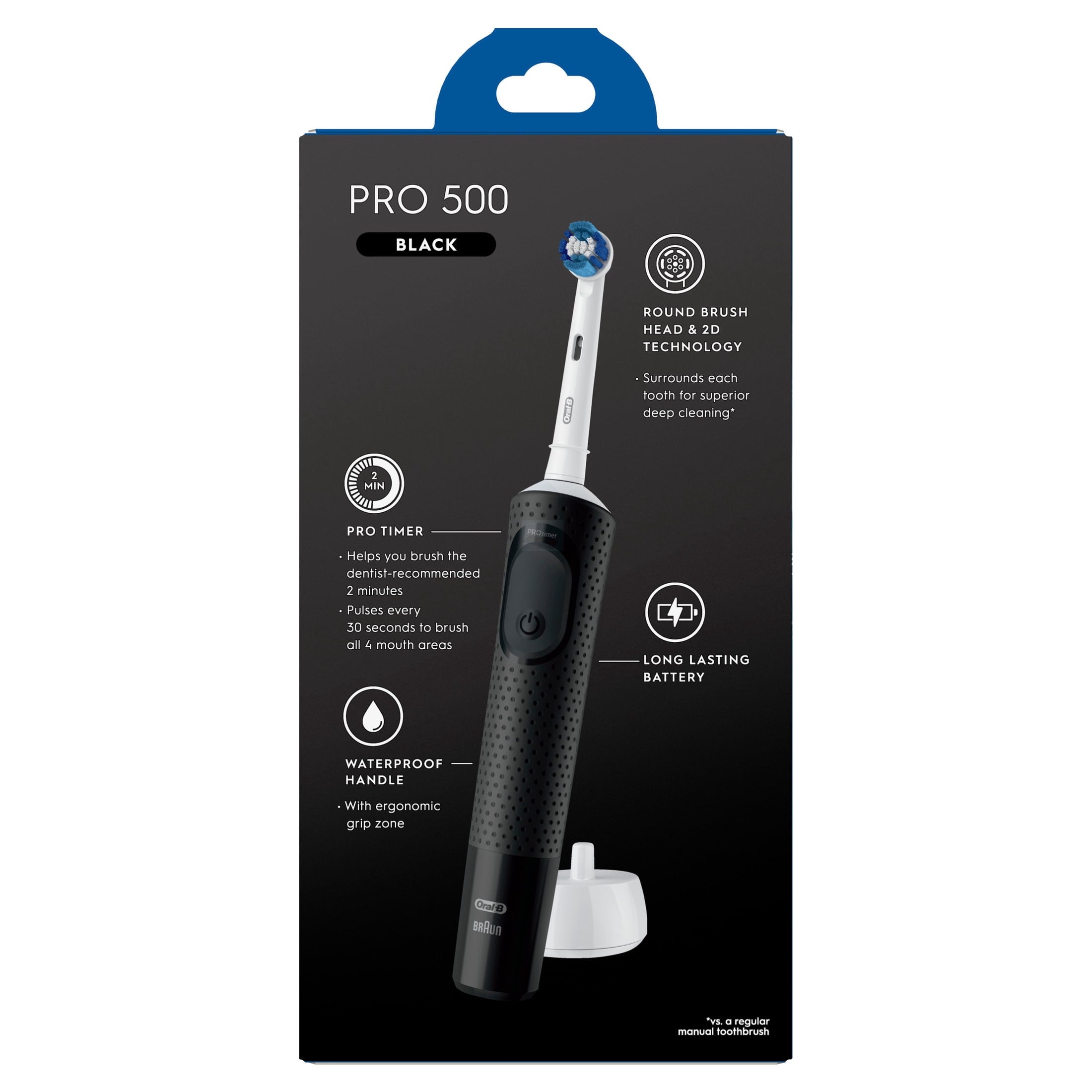 ‑B Pro 500 Rechargeable Electric Toothbrush, Black, 1 Count, for Adults &amp; Kids 3+