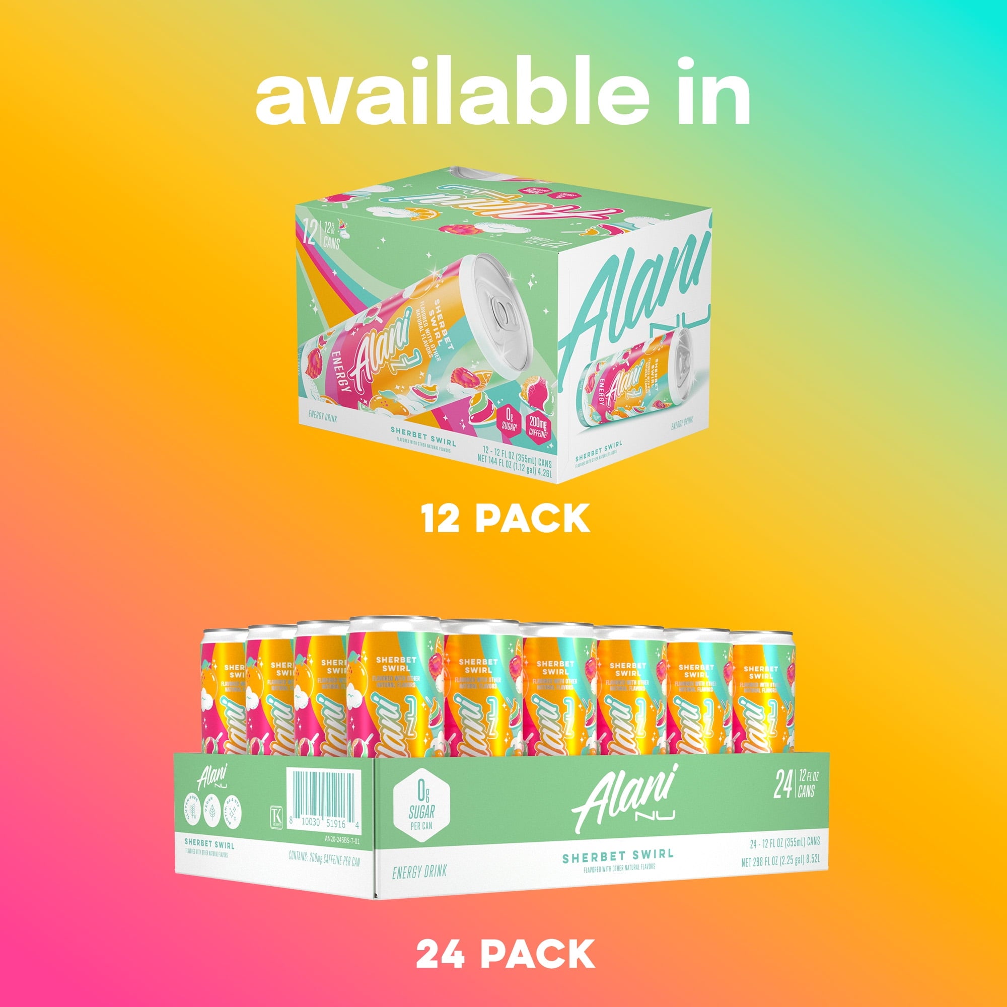 Sugar Free Energy Drink, Sherbet Swirl, 12 fl oz, 12 Pack, Cans, 200mg Caffeine