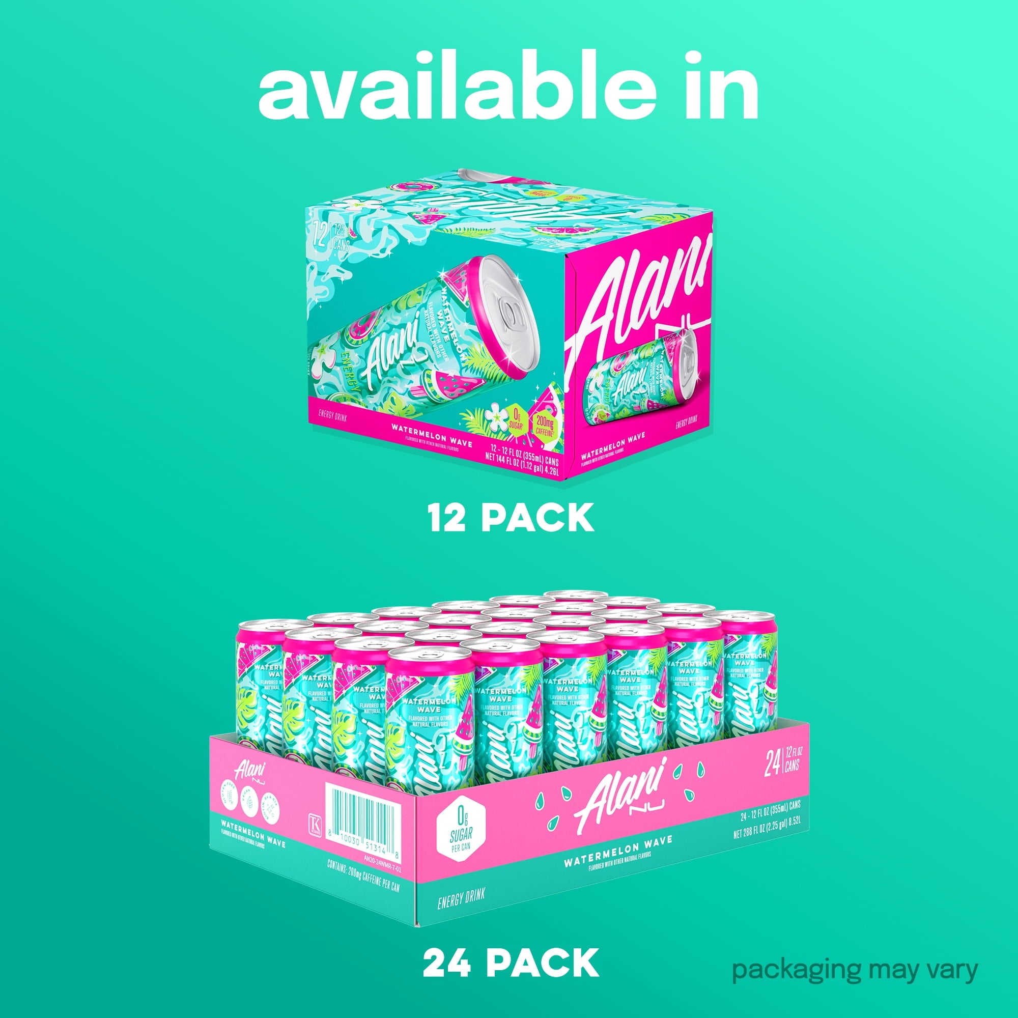 Sugar Free Energy Drink, Watermelon Wave, 12 fl oz, 12 Pack, Cans, 200mg Caffeine