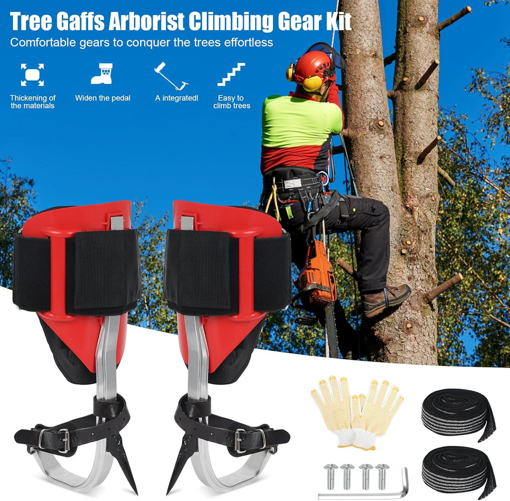 Tree Climbing Spikes Set for Tree Work, Adjustable Tree Climbing Gear with Safety Seat for Tree Climbing and 10FT Steel Wire Core Flip Line Kit for Outdoor Jungle Survival Fruit Picking