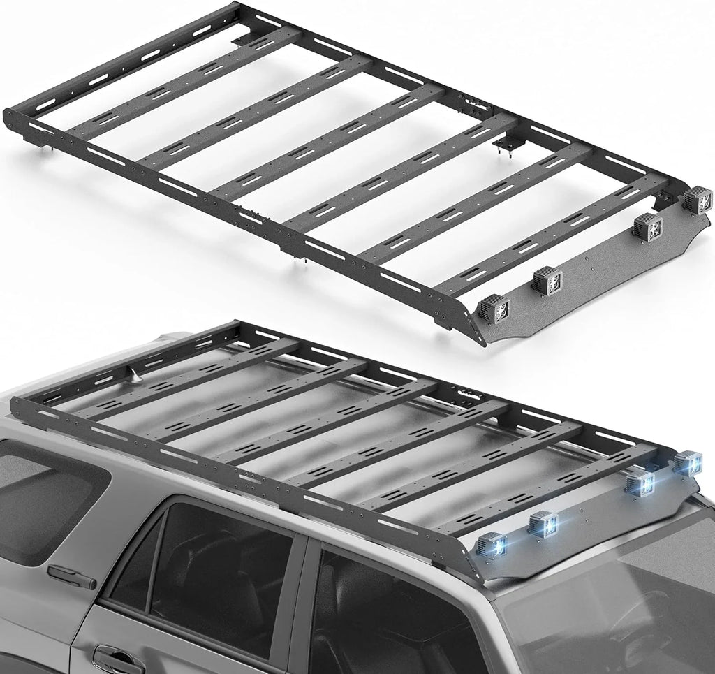Full Size Roof Rack Cargo Basket Compatible with 2010-2024 Toyota 4Runner 5th Gen with 4 Lights, Overland Rooftop Luggage Storage Holder, Platform Style Cargo Carrier for Outdoors Gear