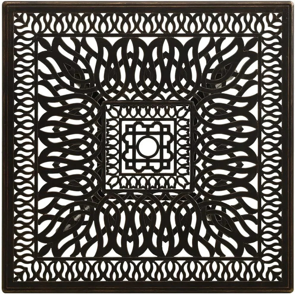 Bronze terrace table, made of cast aluminum, suitable for outdoor use, square design, stable and durable, with dimensions of 35.4 inches × 35.4 inches × 28.7 inches, equipped with umbrella holes, requires assembly.
