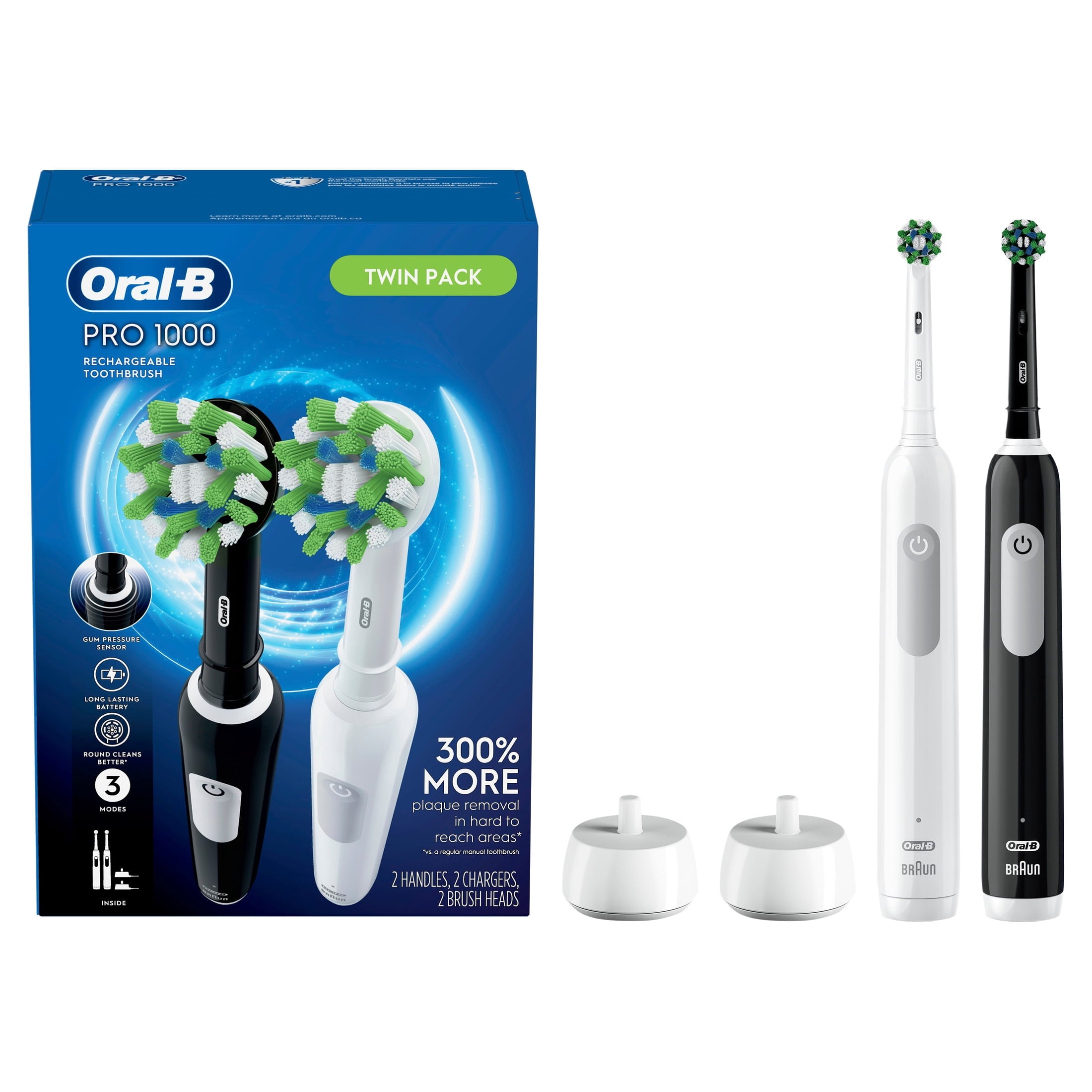 Toothbrush, Pro 1000 CrossAction Rechargeable Electric Toothbrush Pack, Black and White, 2 Count