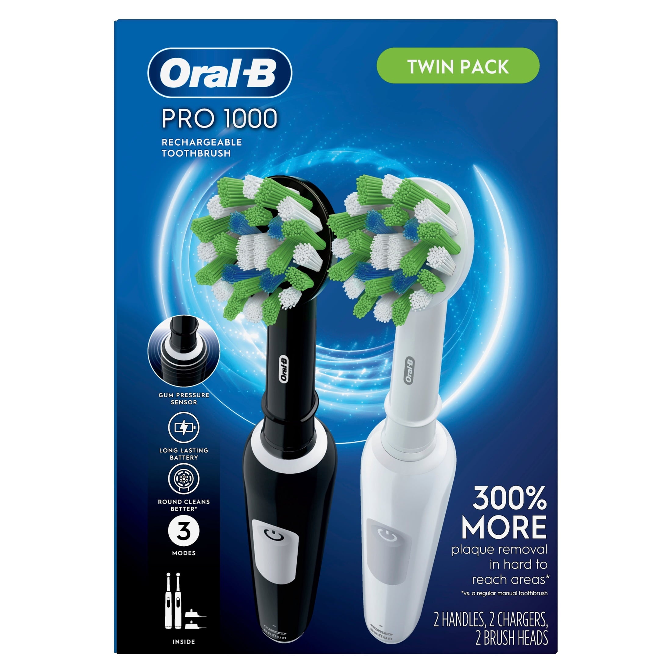Toothbrush, Pro 1000 CrossAction Rechargeable Electric Toothbrush Pack, Black and White, 2 Count