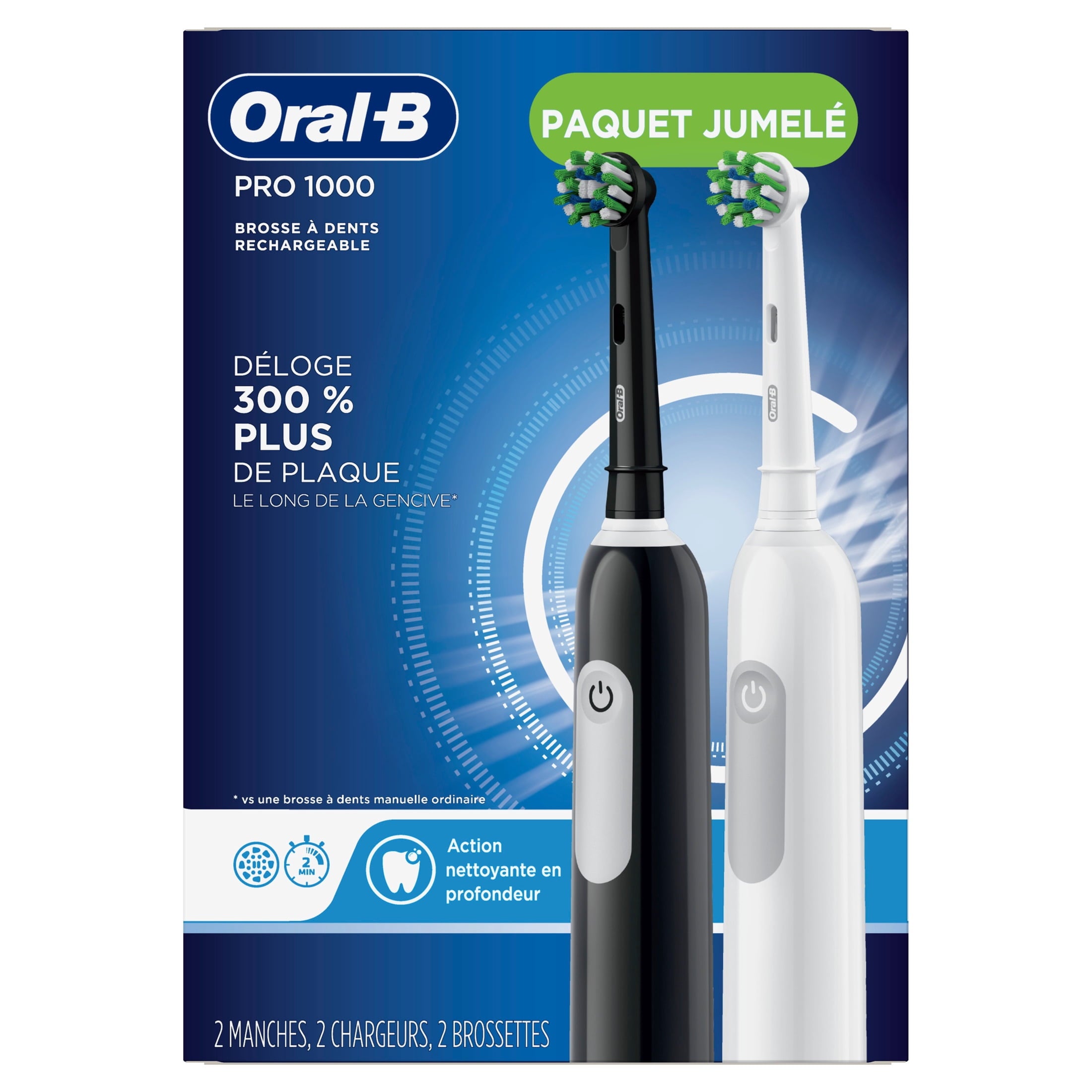Toothbrush, Pro 1000 CrossAction Rechargeable Electric Toothbrush Pack, Black and White, 2 Count