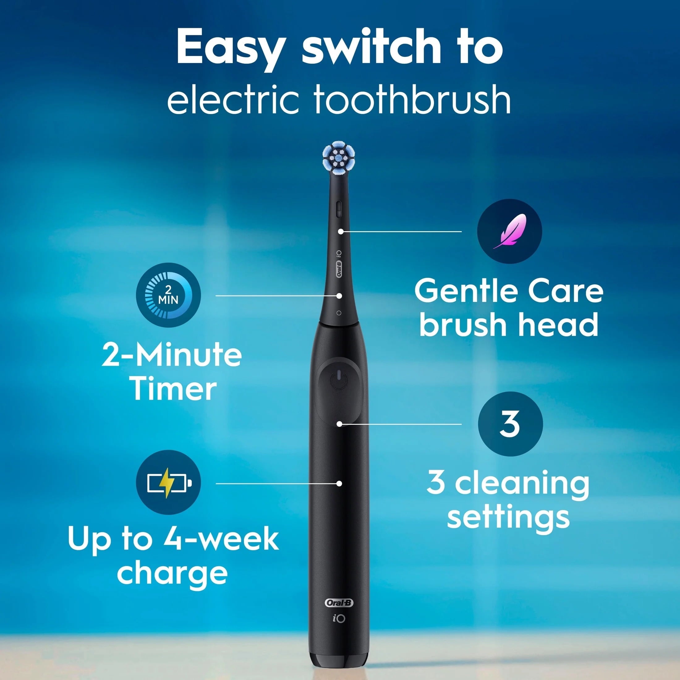 Toothbrush, iO Series 2 Rechargeable Electric Toothbrush for &amp; Kids 3+, Night Black, 1 Gentle Care Brush Head