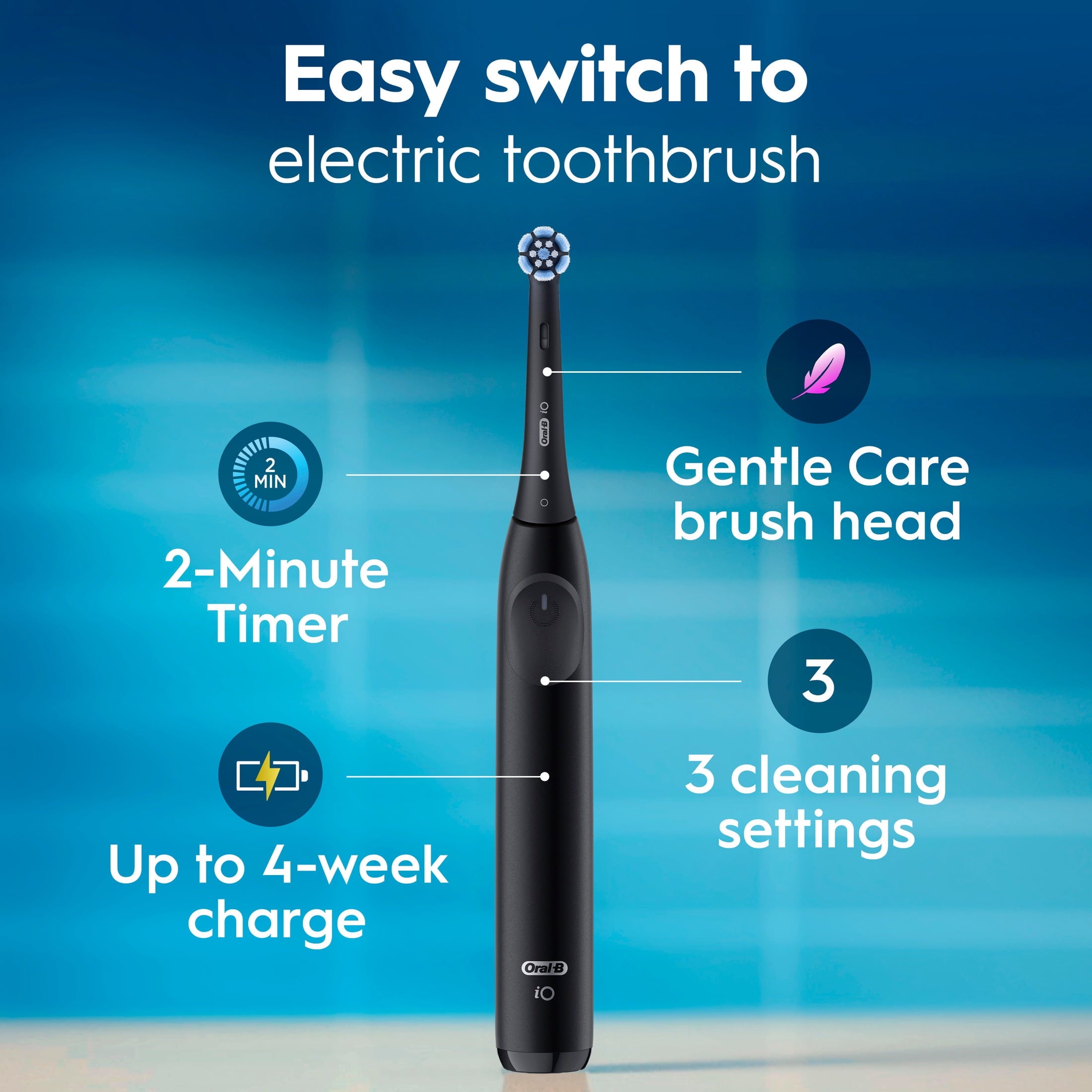 Toothbrush, iO Series 2 Rechargeable Electric Toothbrush for &amp; Kids 3+, Night Black, 1 Gentle Care Brush Head
