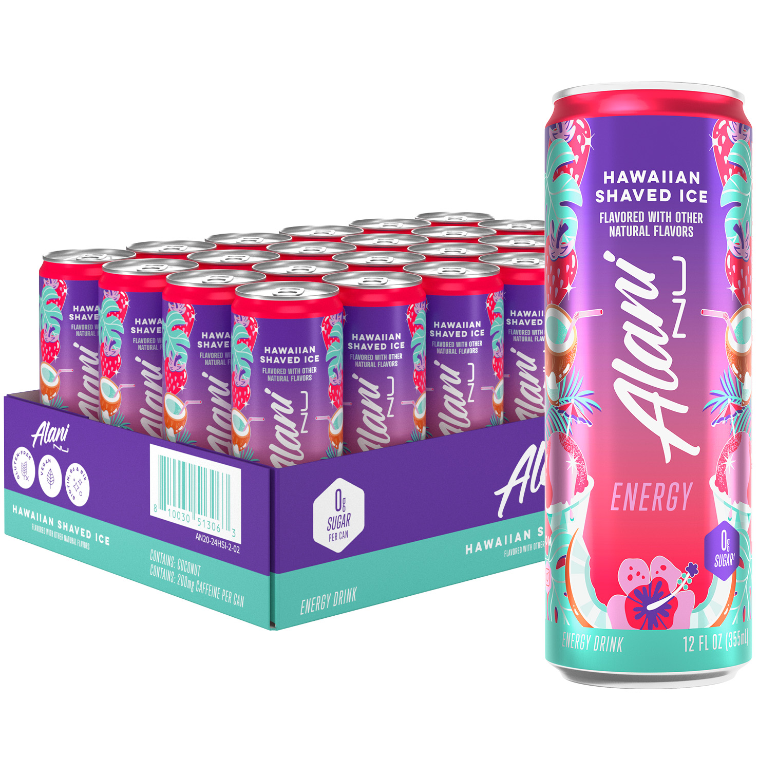 Sugar Free Energy Drink, Hawaiian Shaved Ice, 12 fl oz, 24 Pack, Cans, 200mg Caffeine