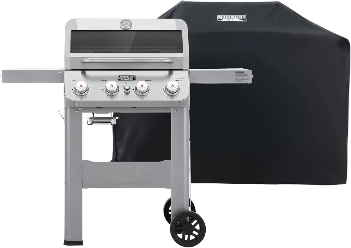 Grills 4-Burner Liquid Propane Gas Grill, Silver Stainless Steel Grill Outdoor Patio Garden Barbecue Grill with Clearview® Lid and One Foldable Shelf, Mesa400MF