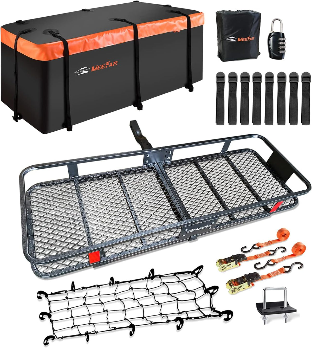 Roof Rack Carrier Basket Universal Rooftop 51" X 36" X 5" Waterproof Bag 15 Cubic Feet (44" 34" 17"), and Cargo Net with Attachment Hooks, Ratchet Straps