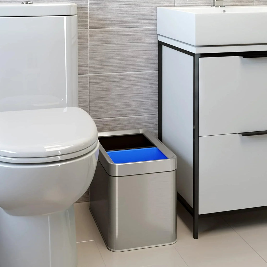 16-gallon contact-free trash and recycling bins, made of stainless steel, with a double compartment design (each compartment holds 8 gallons), suitable for recycling and waste disposal in the kitchen.