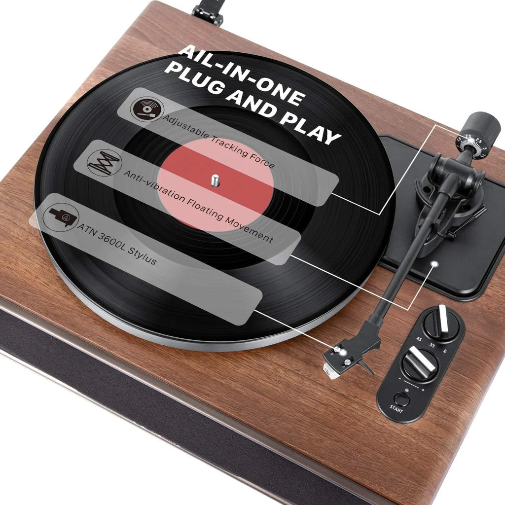 High Fidelity Belt Drive Turntable with Built-in Speakers, Vinyl Record Player with Magnetic Cartridge, Bluetooth Playback and Aux-in Functionality, Auto Off