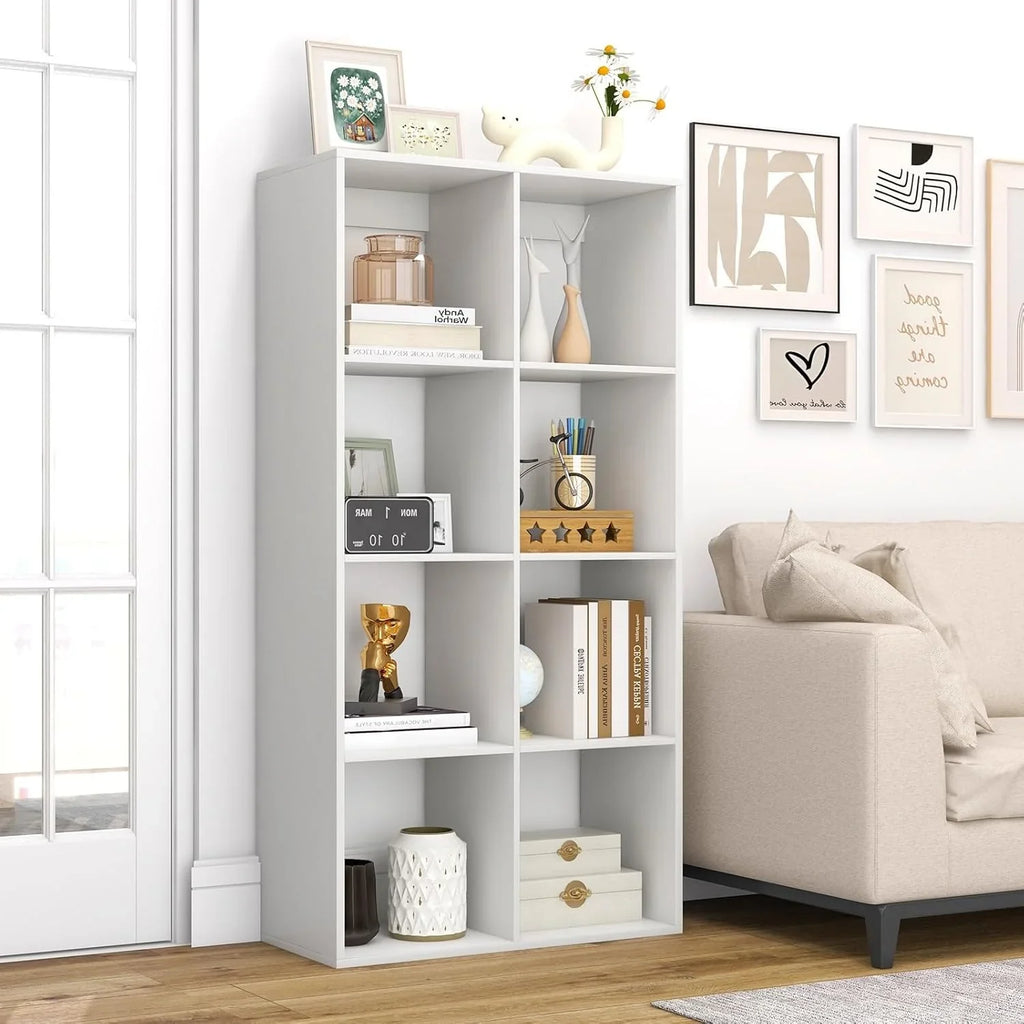 Suitable for two people, floor-standing bookshelf, with an open back panel, anti-toppling device. It is a modern storage display stand suitable for use in family offices, living rooms, bedrooms, and study rooms. White.