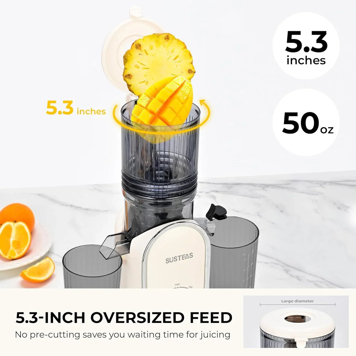 Cold press juicer, 5.3-inch feed opening, slow-speed mixing type machine, power 300 watts, capable of extracting whole fruits and vegetables, easy to clean, high juice output, white appearance
