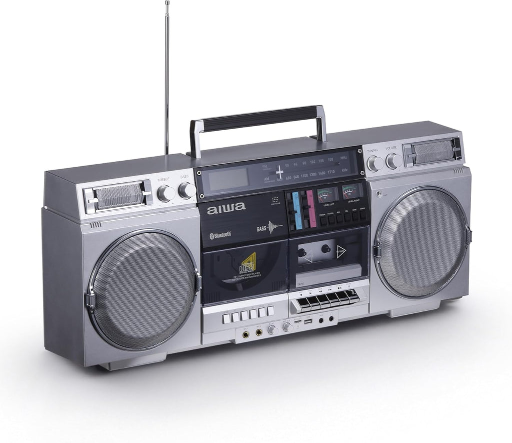 Retro-style portable CD player, featuring tape recording function, Bluetooth 5.0 technology, FM/AM radio, USB/SD/AUX input interfaces, VU meter, LCD display, dual 40-watt speakers - silver